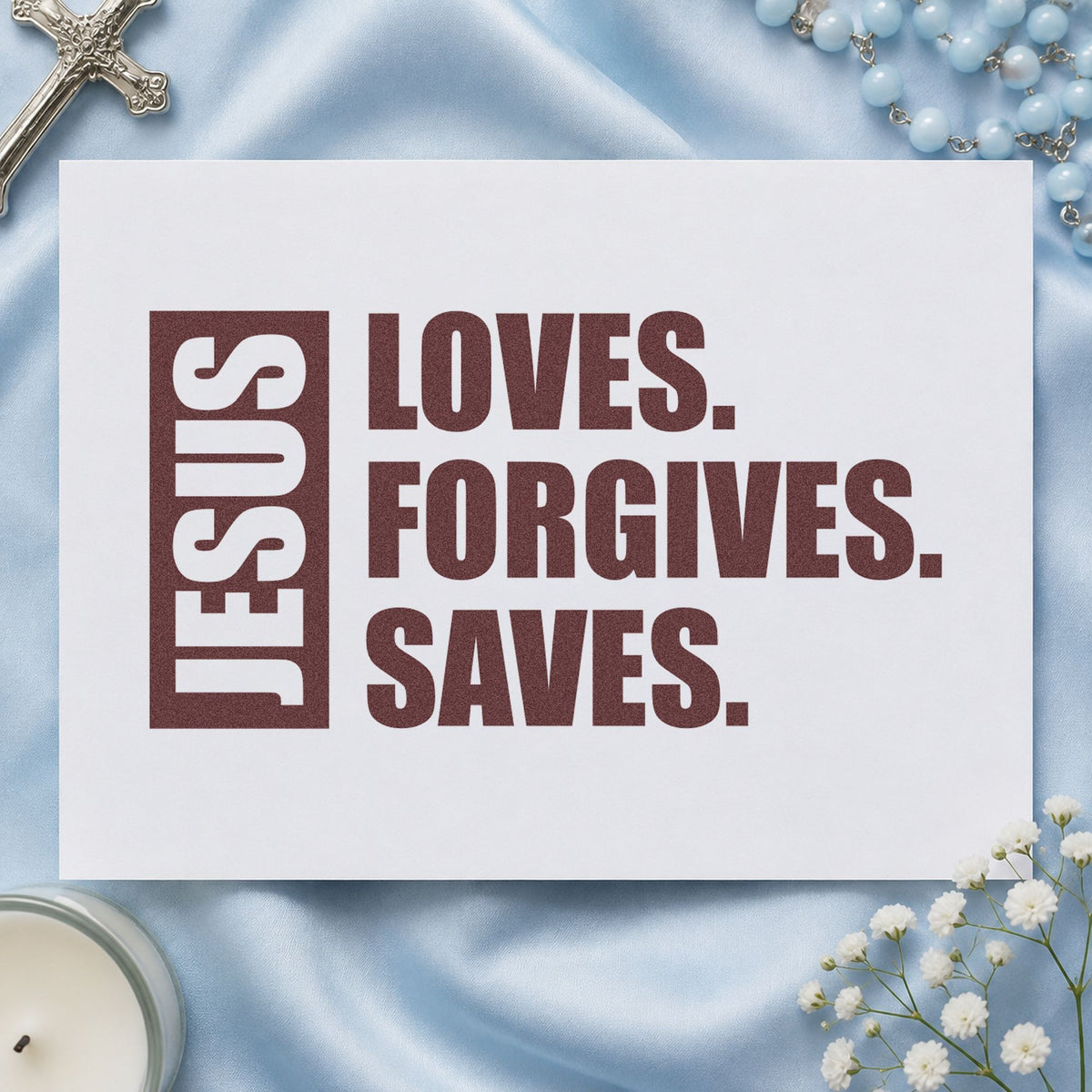 Jesus Loves Forgives Saves rubber stamp printed in brown ink, ready for faith milestone pages and similar paper crafts.