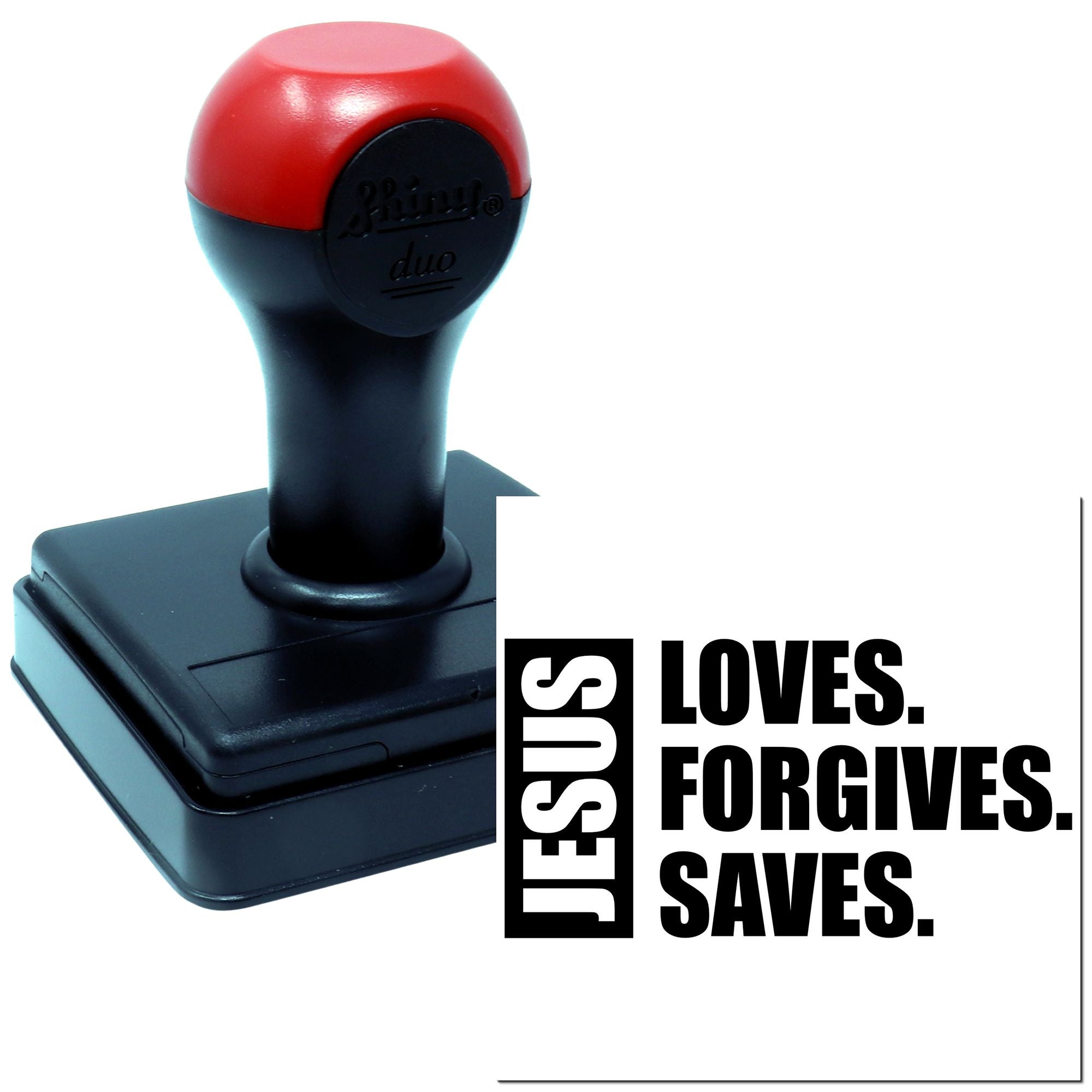 Self-inking Christian rubber stamp with bold Jesus Loves, Forgives, Saves message.