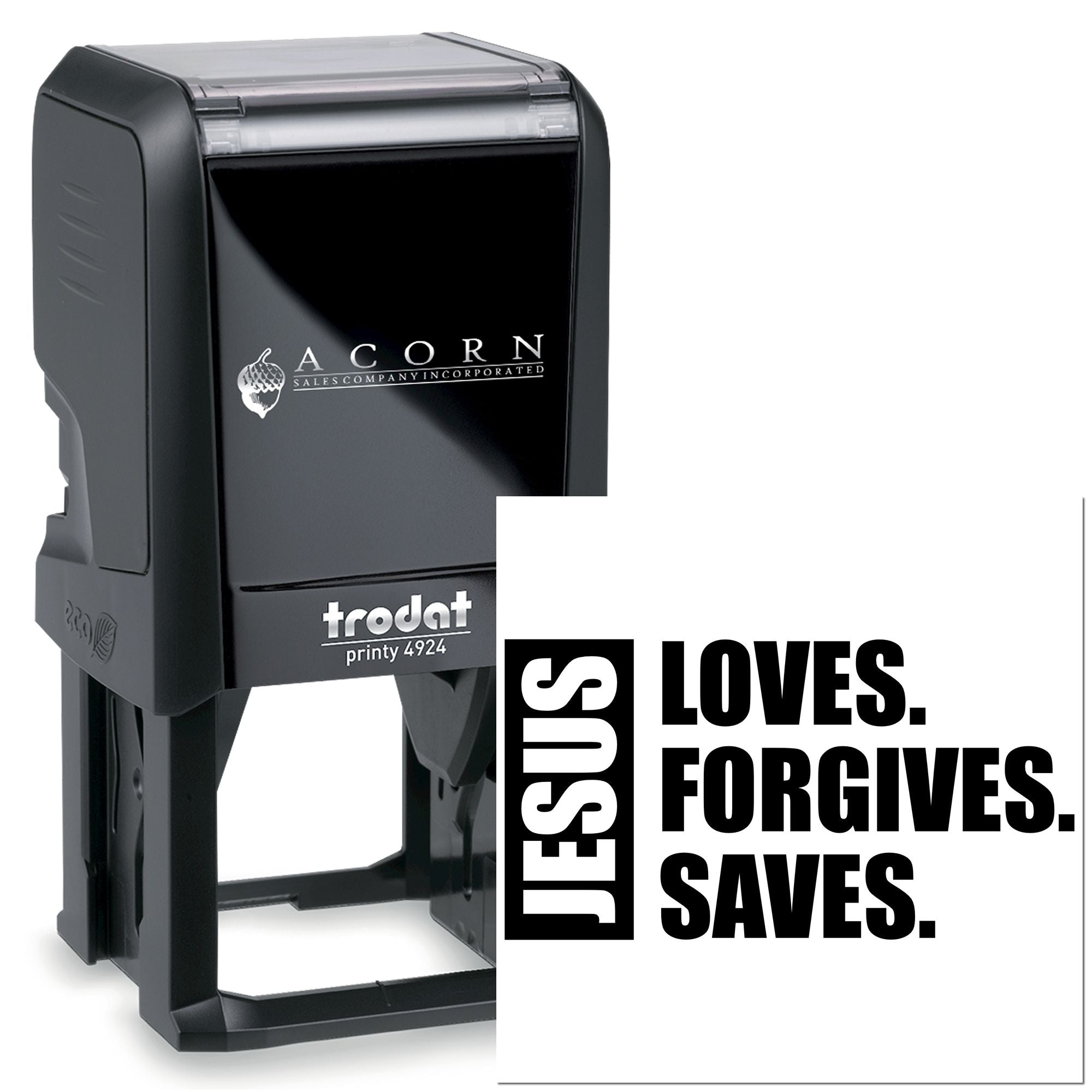Custom self-inking rubber stamp with Jesus Loves. Forgives. Saves. for churches, ministry outreach, and faith-based materials.