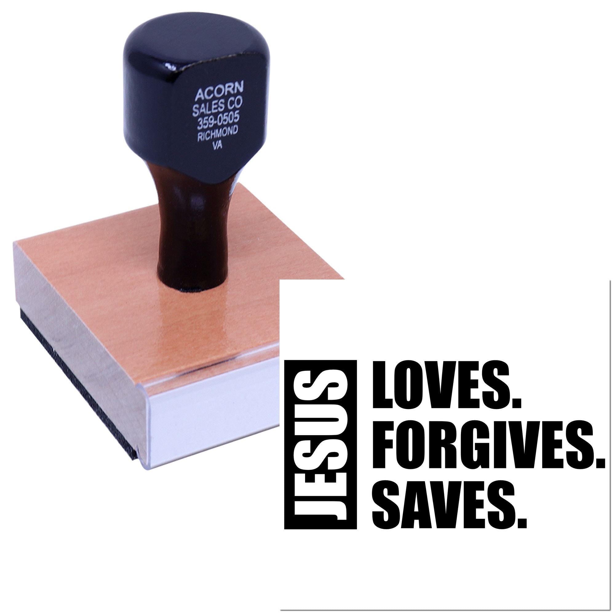Christian rubber stamp with Jesus Loves, Forgives, Saves message for faith-based crafts and outreach.