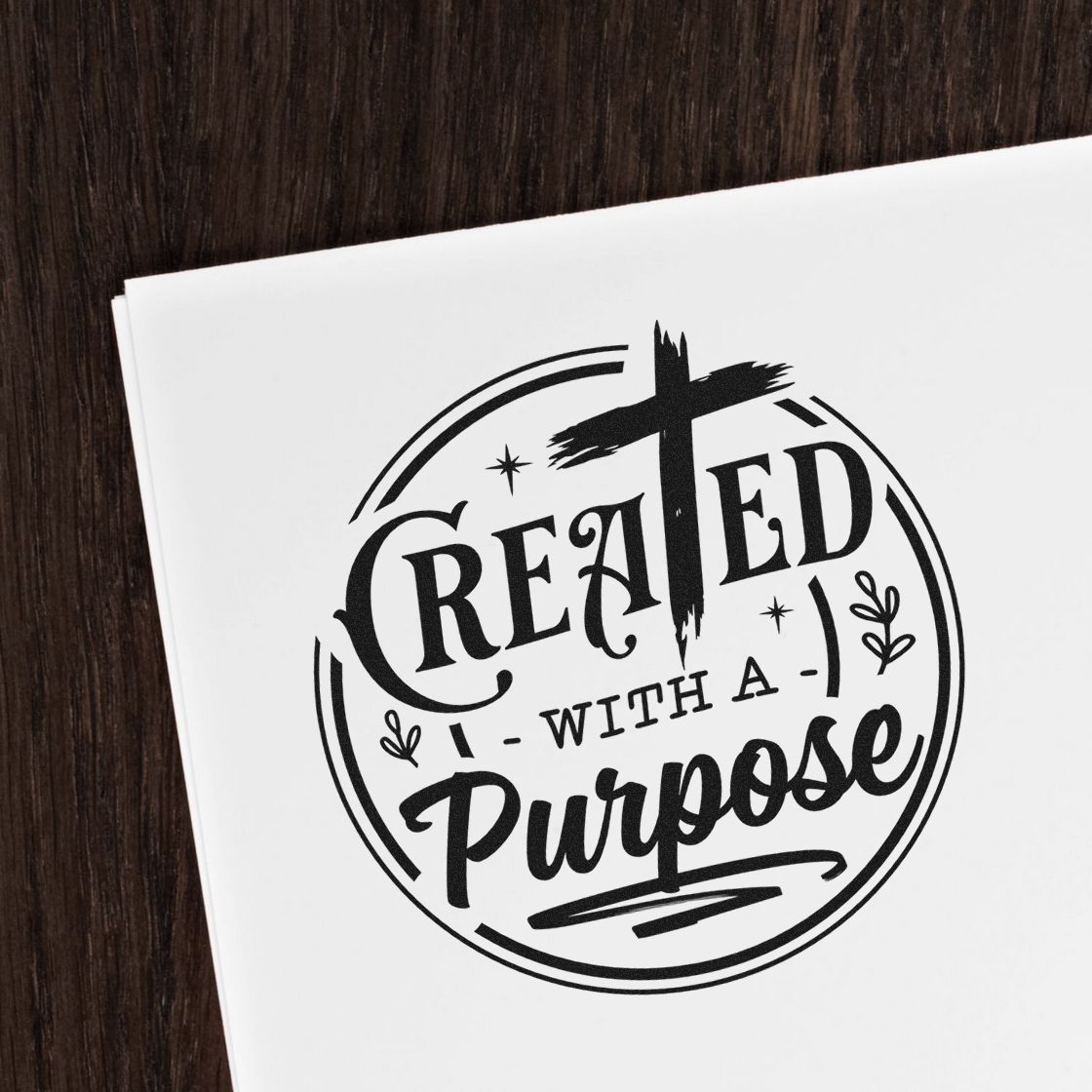 Christian custom rubber stamp reading Created with a Purpose, with cross design for faith-based crafts and branding.