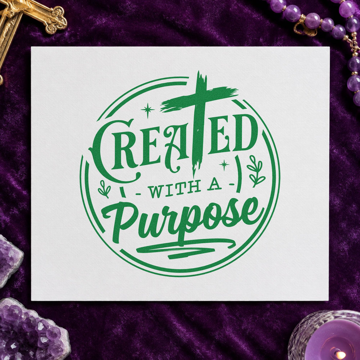 Created with a Purpose Circle craft stamp imprint in green ink on a handmade project, one idea being graduation gift tags.