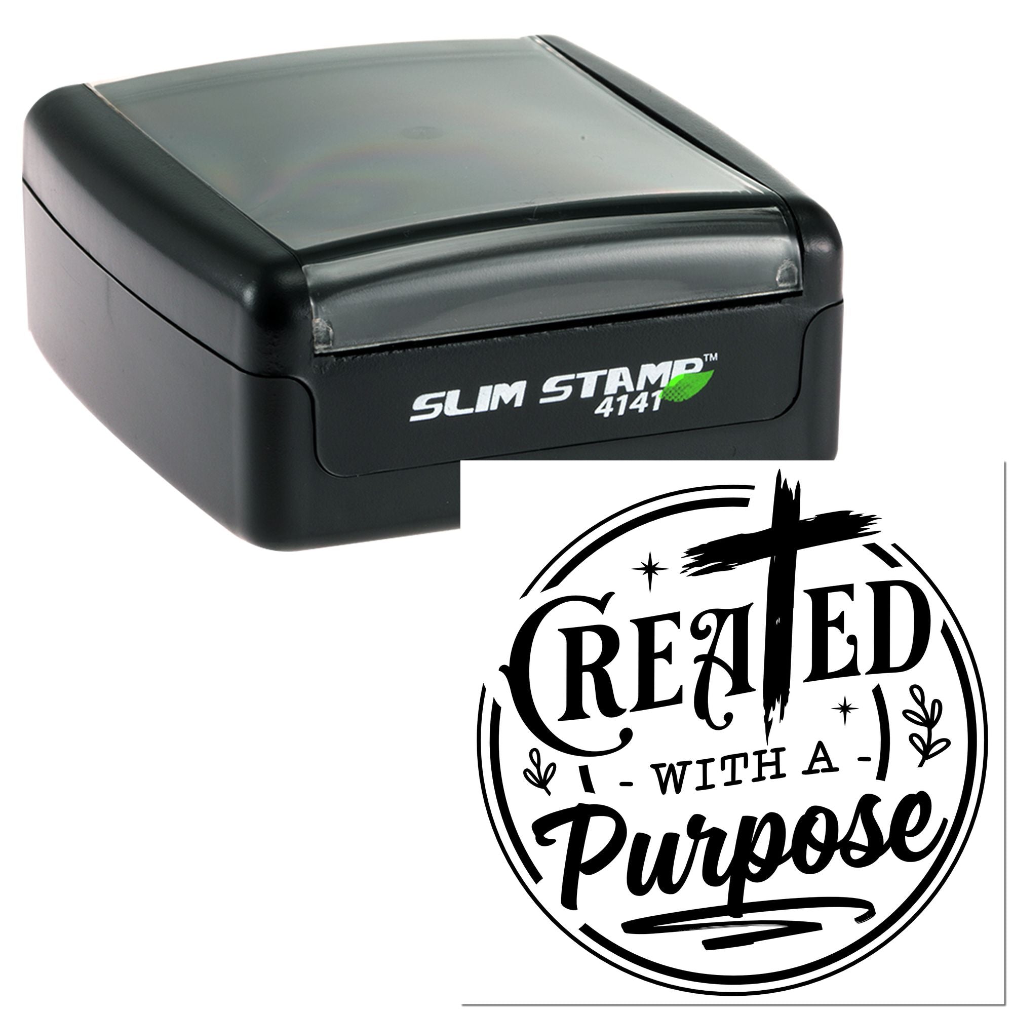 Slim Stamp 4141 self-inking rubber stamp with Created with a Purpose custom Christian stamp design.