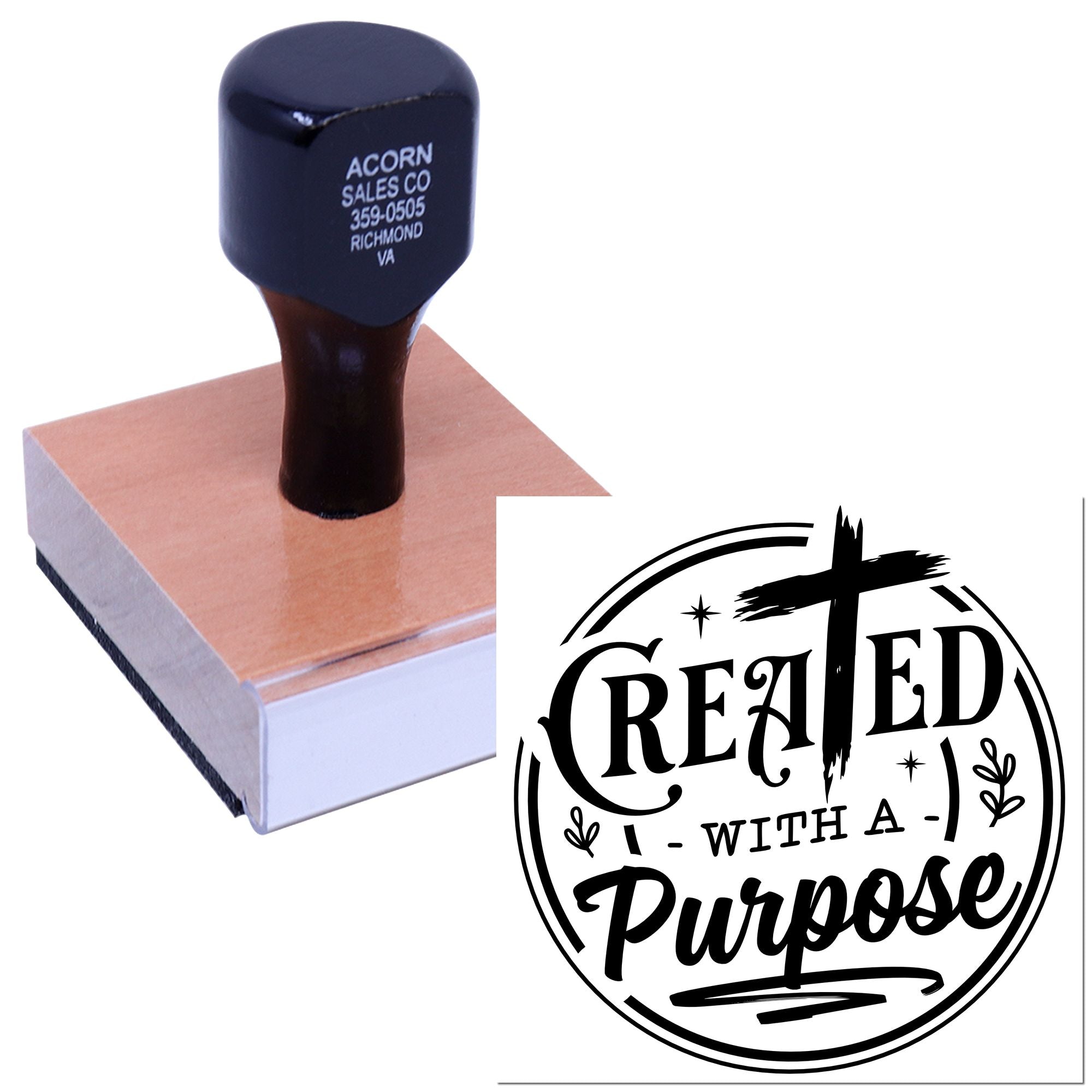 Personalized rubber stamp with wooden handle and custom Created with a Purpose logo for faith-based branding.