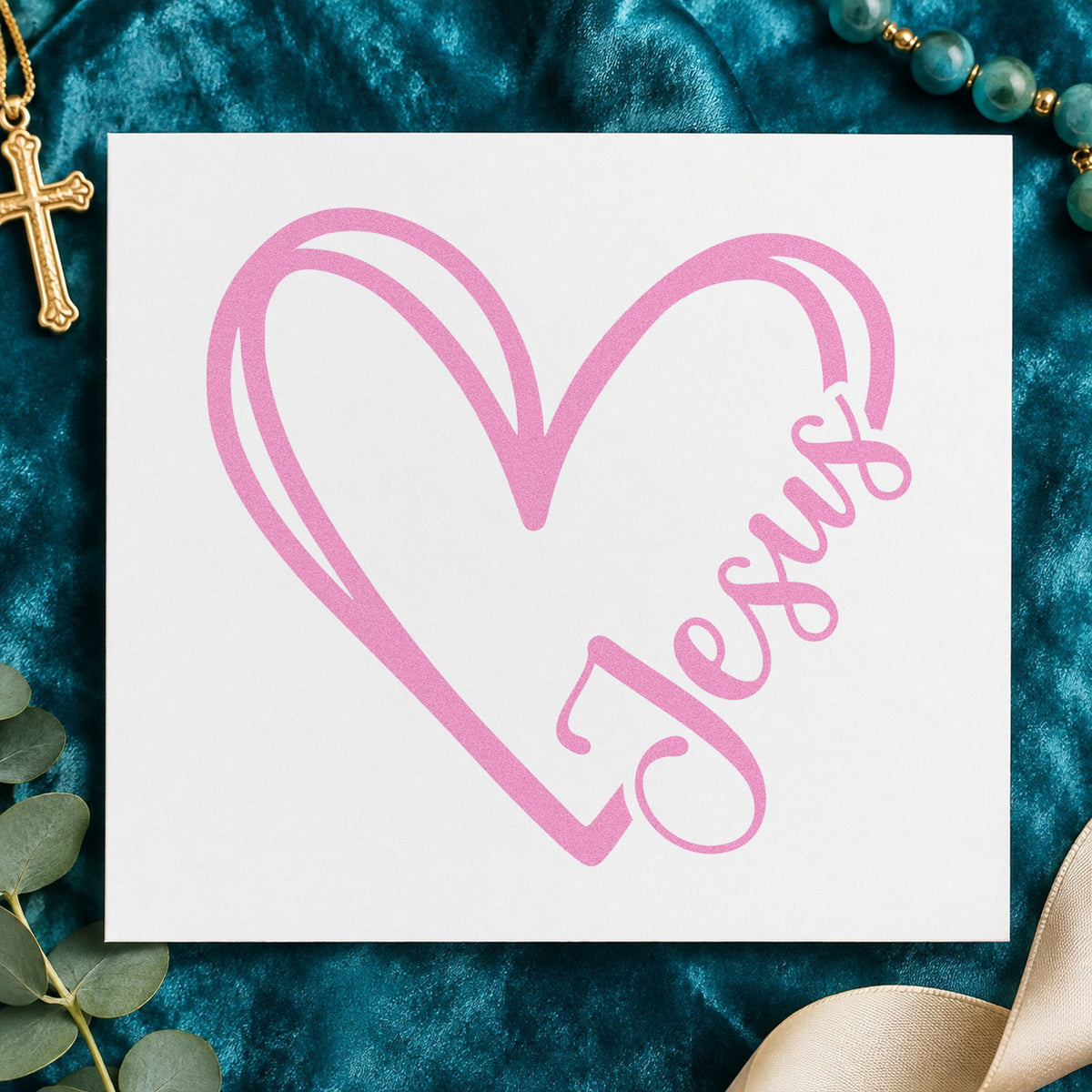 Jesus Heart Outline craft stamp in purple ink on cardstock, an easy option for valentine exchange.