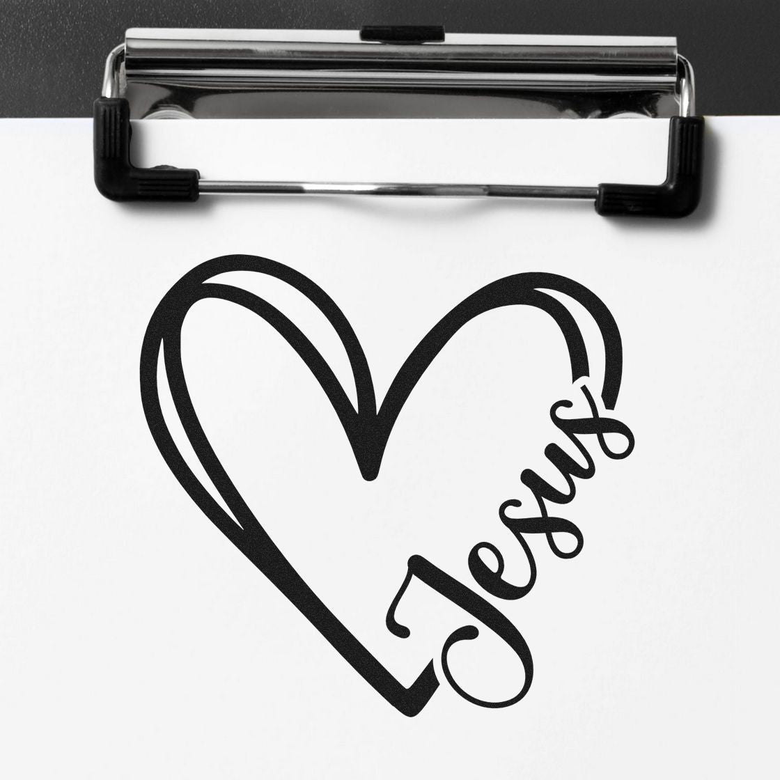 Custom rubber stamp design of a heart with Steps word art, shown on a clipboard for love-themed craft projects.