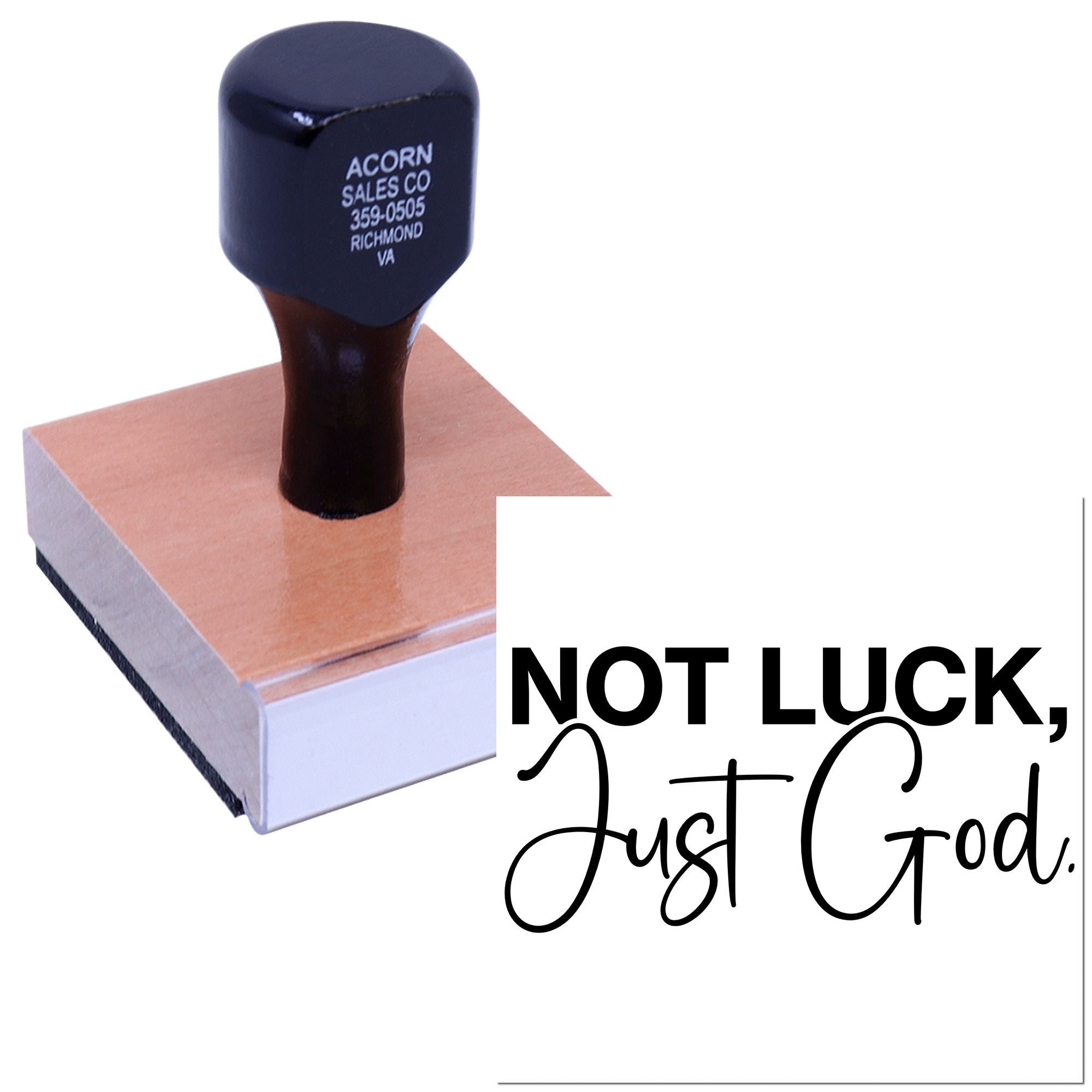 Custom rubber stamp with inspirational quote Not Luck, Just God for faith-based business branding and messages.