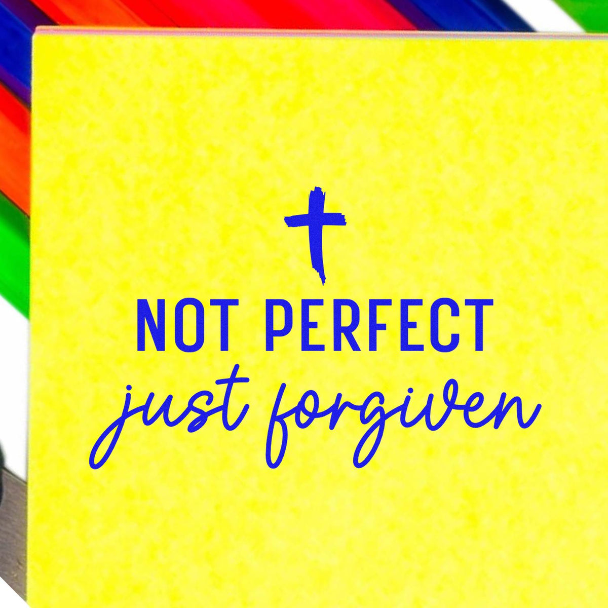 Christian rubber stamp with cross and Not Perfect, Just Forgiven sentiment for faith-based cards, journaling, and crafts.