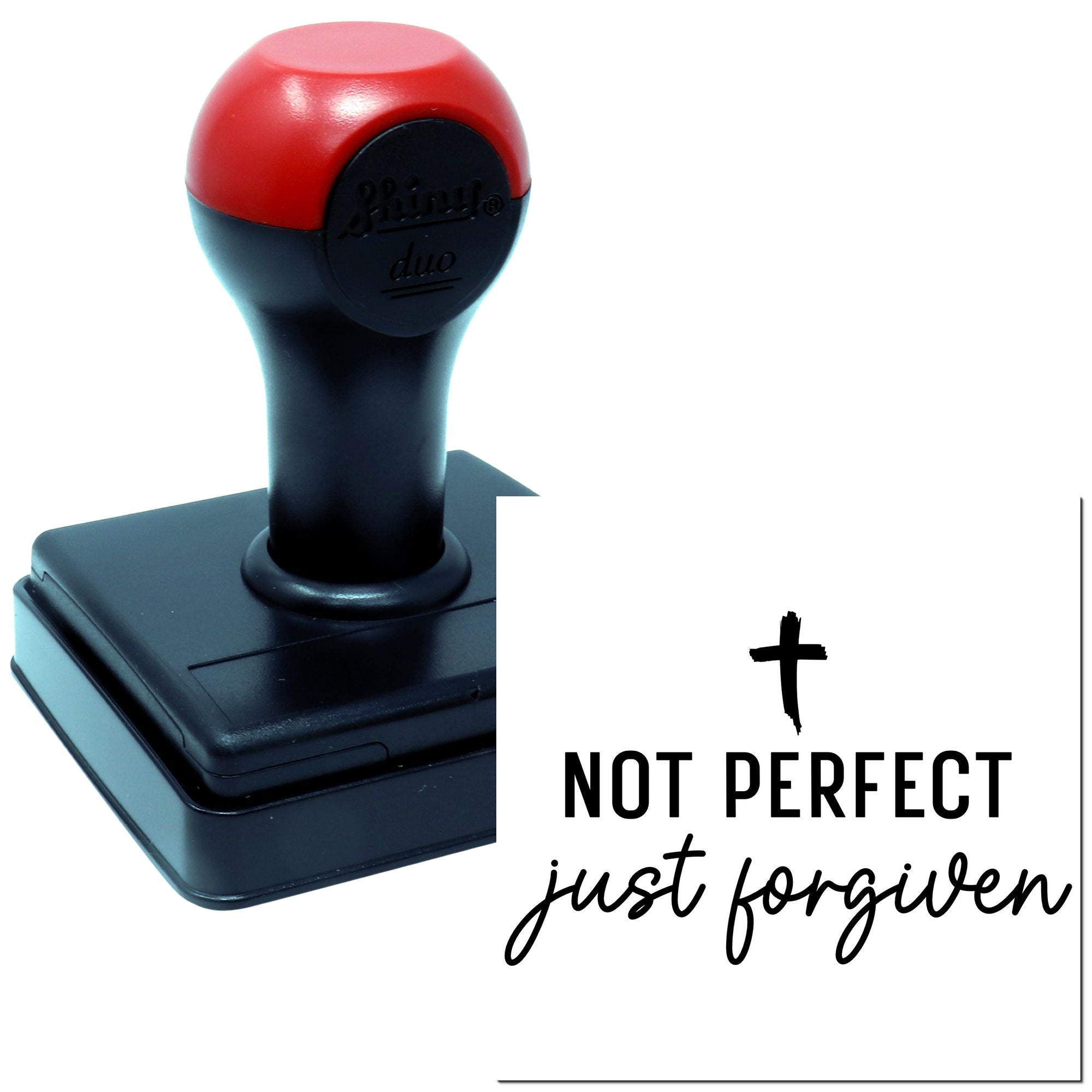 Christian self-inking rubber stamp with cross and Not Perfect, Just Forgiven message for faith-based crafts.