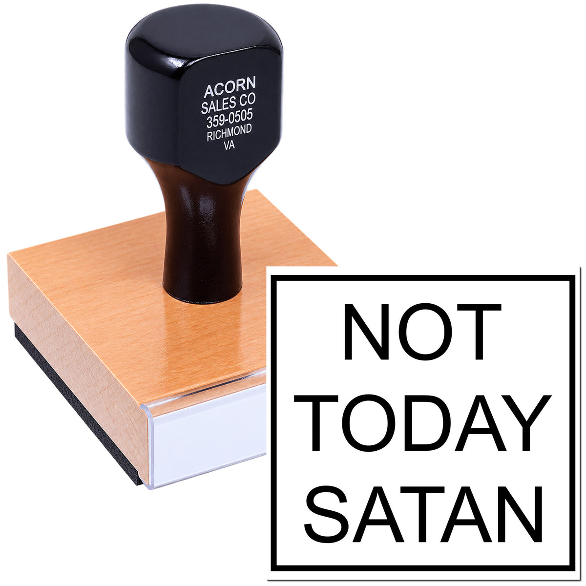 Custom rubber stamp with bold Not Today Satan design for novelty office, gift, or prank stamping.