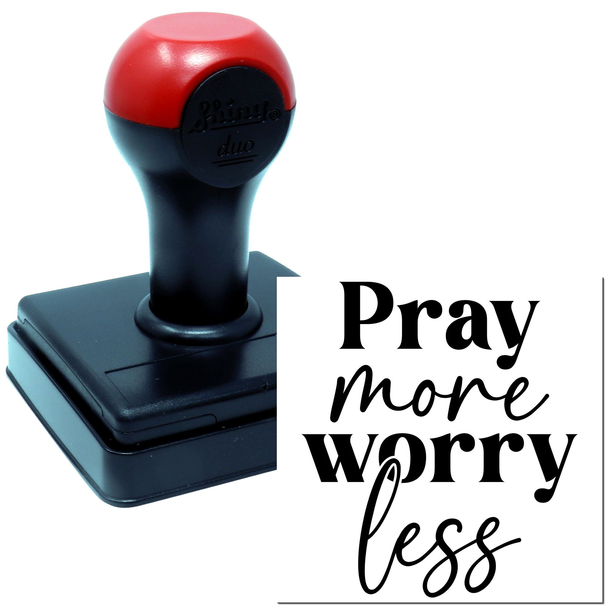 Self-inking rubber stamp with inspirational quote, Pray more worry less, for faith-based crafts and stationery.