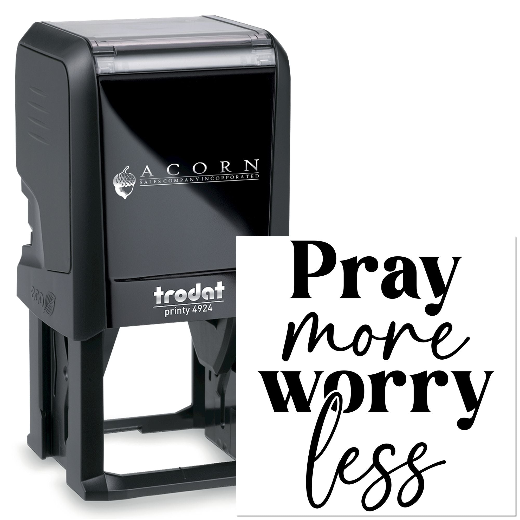 Custom self-inking rubber stamp with Pray more worry less design, ideal for inspirational business or craft stamping.