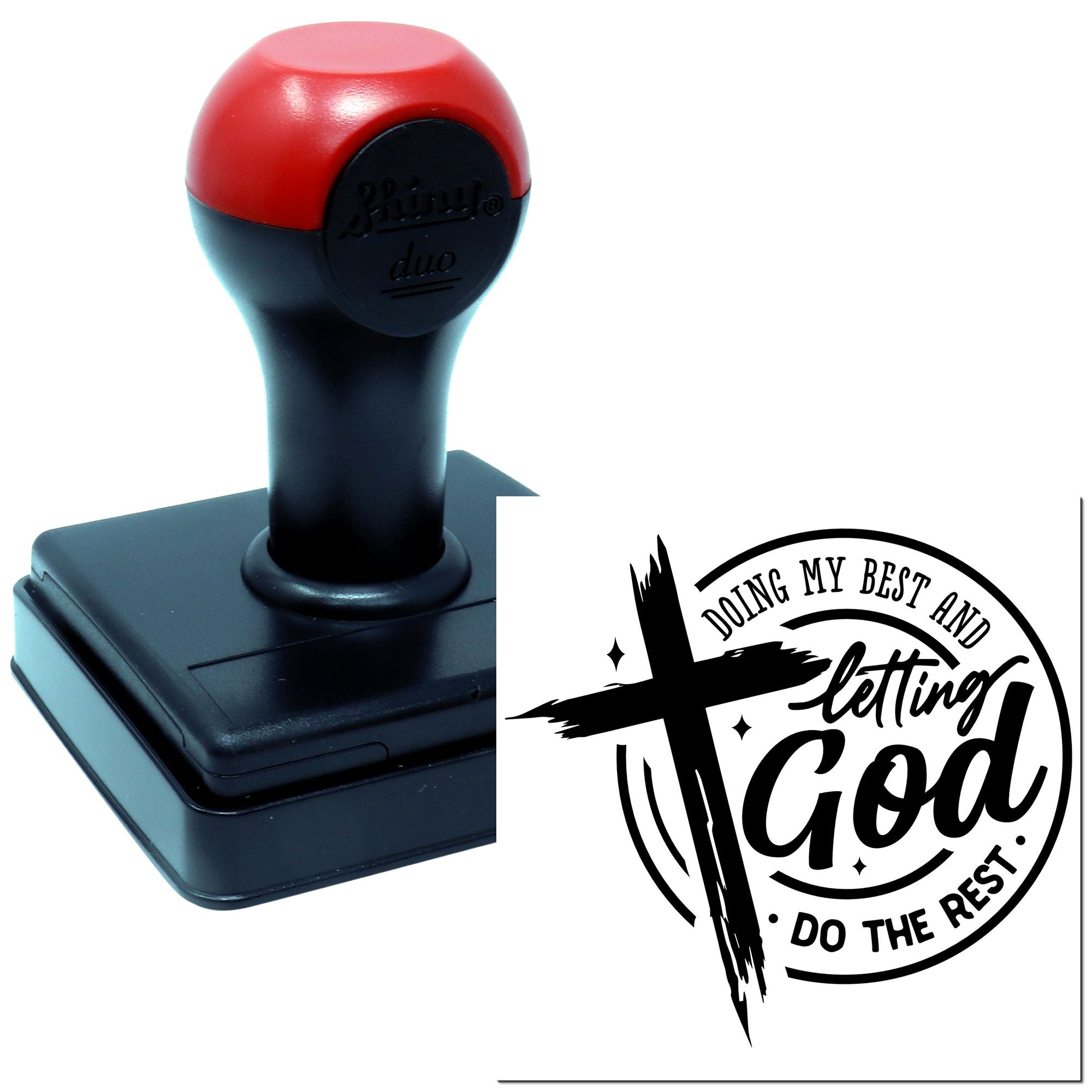 Self-inking rubber stamp featuring Christian quote, Doing my best and letting God do the rest, for crafts and office use.