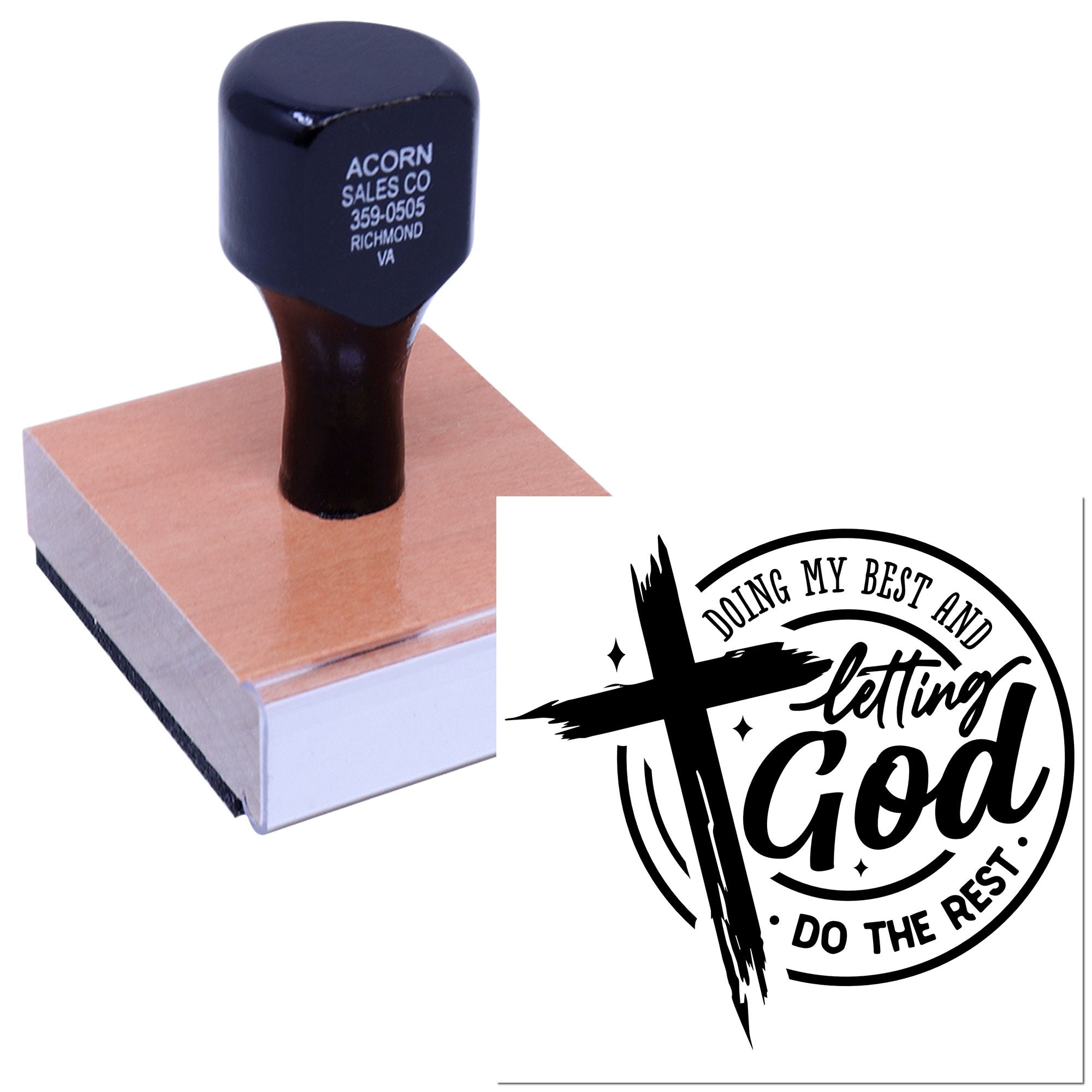 Custom rubber stamp with Doing My Best and Letting God Do the Rest design for faith-based cards, crafts, and packaging.