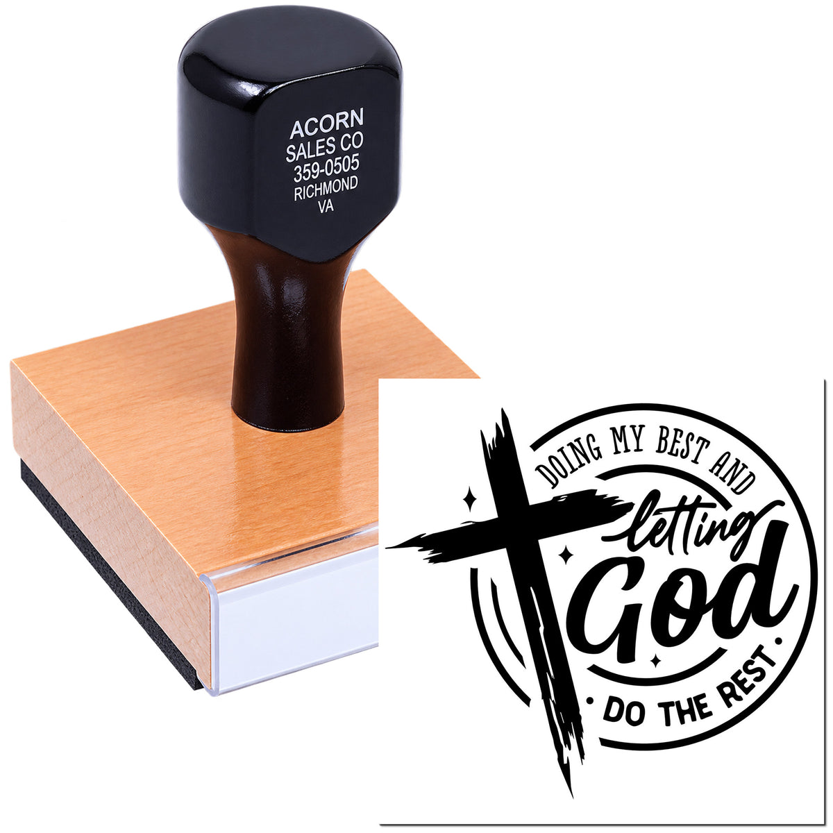 Custom rubber stamp with Doing My Best and Letting God Do the Rest design for faith-based cards, crafts, and packaging.
