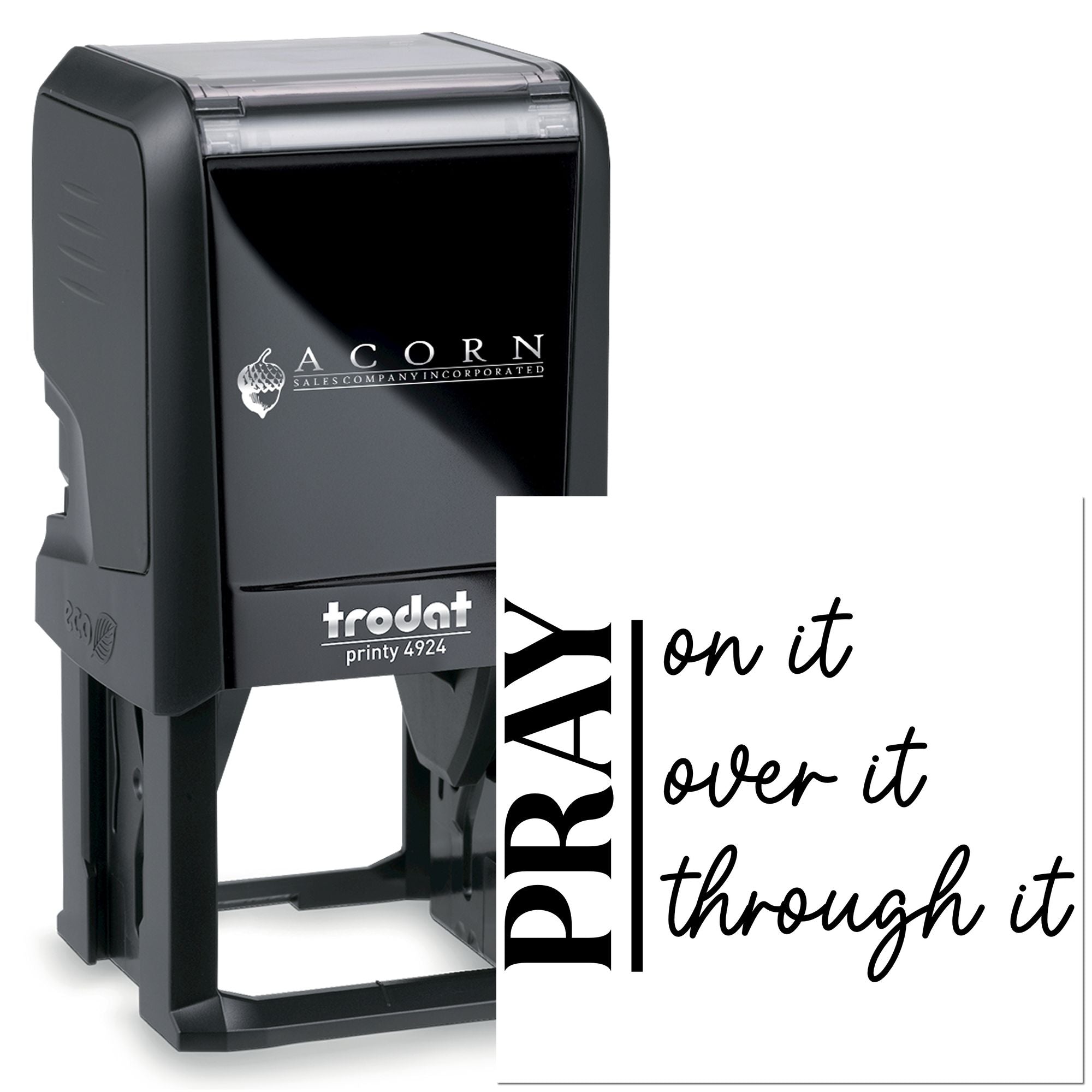 Custom self-inking rubber stamp with PRAM slogan: on it, over it, through it.