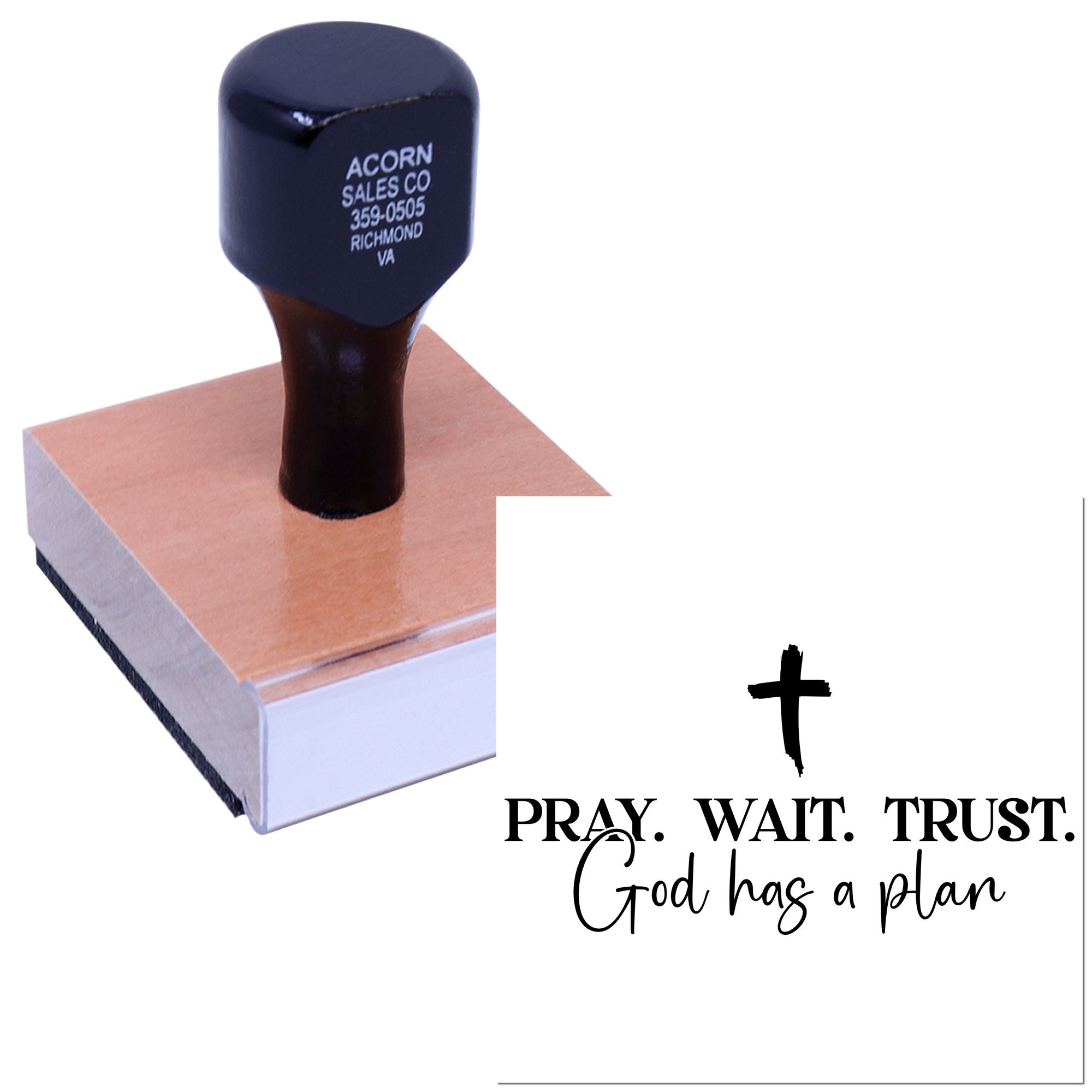 Custom Christian rubber stamp with cross and Pray. Wait. Trust. God has a plan message for faith-based crafts.