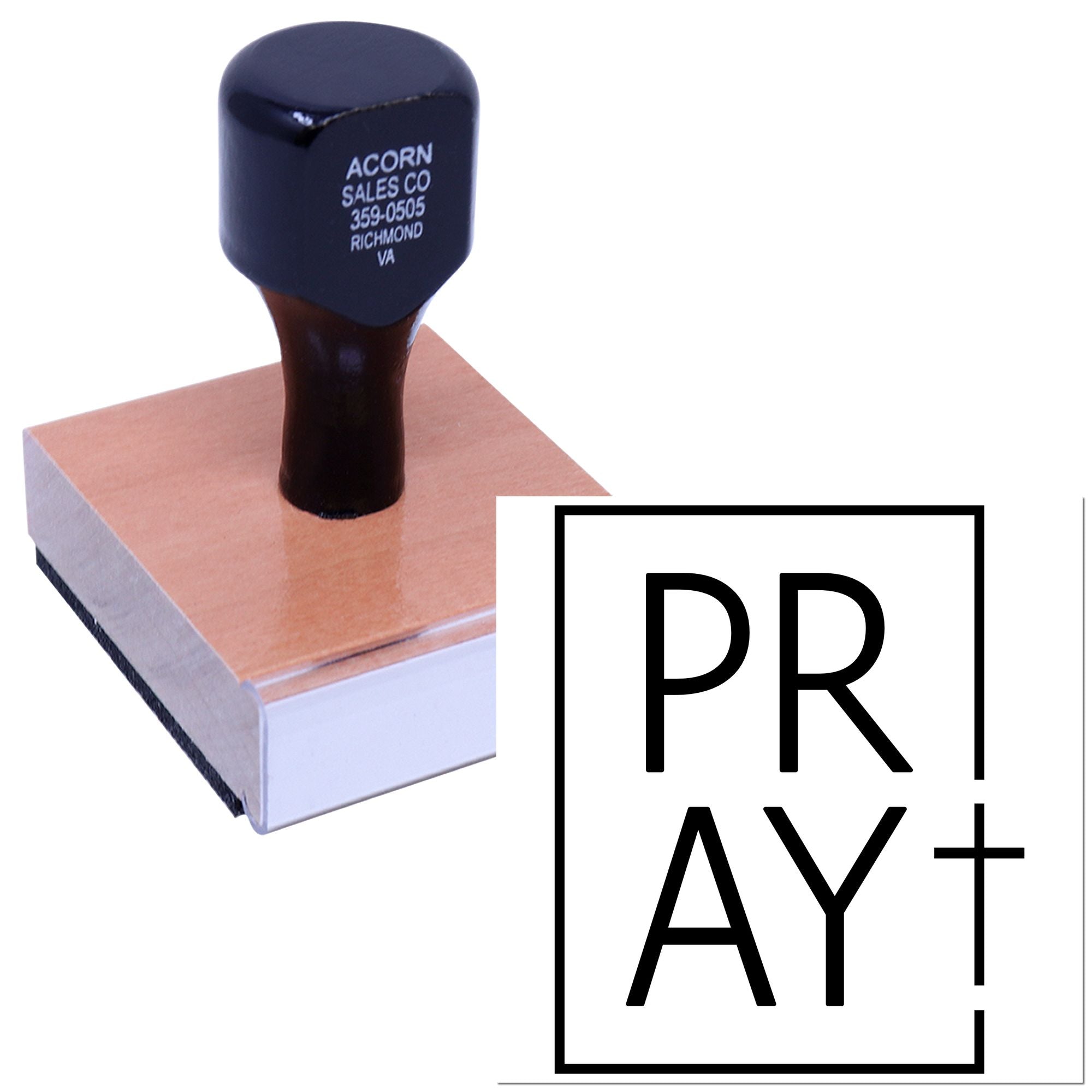 Custom rubber stamp on wooden block for logo, address, and business branding imprinting
