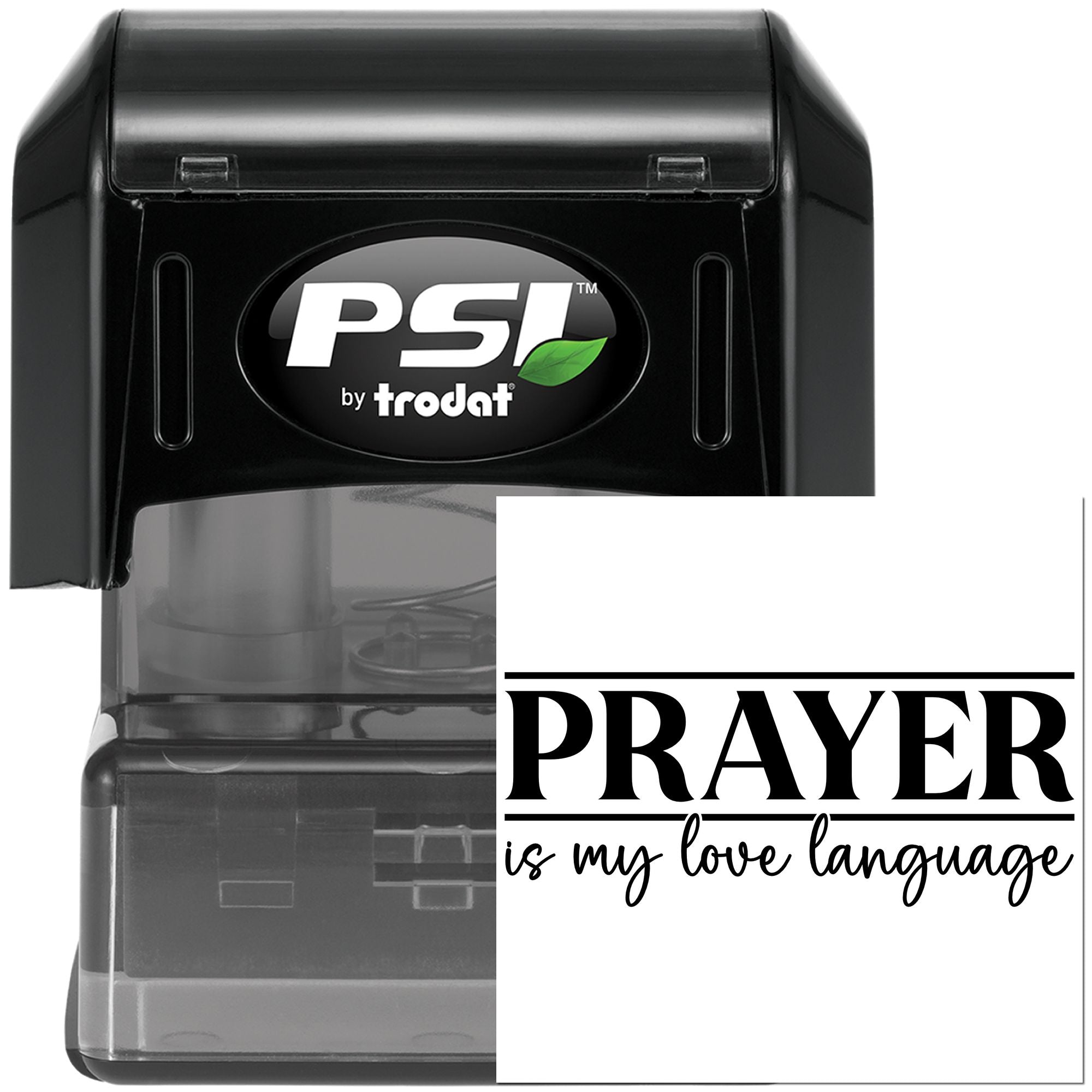 Self-inking rubber stamp with custom Prayer is my love language design by PSI Trodat for Christian crafts and stationery.