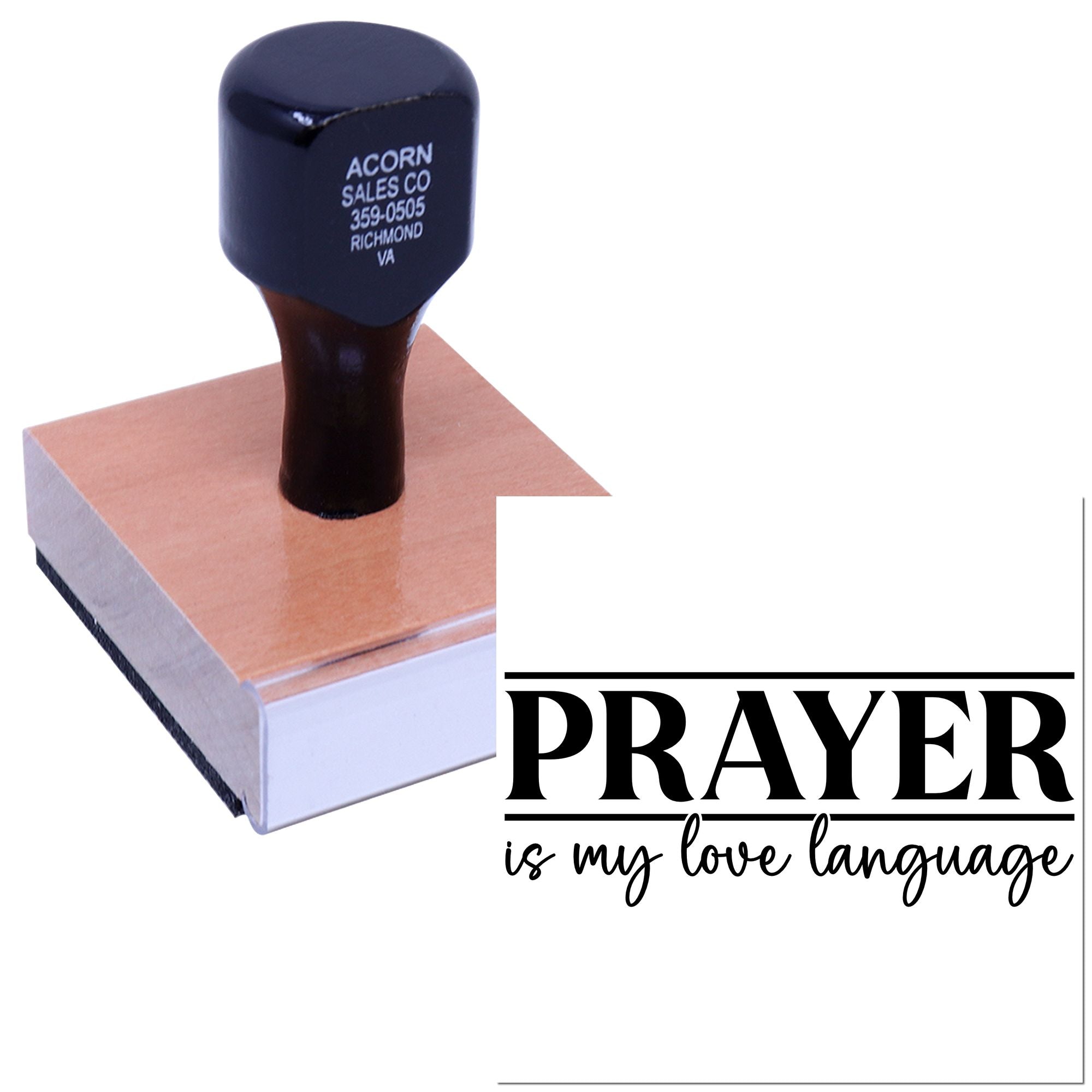 Custom rubber stamp with Prayer is my love language design for faith-based crafts and church stationery.