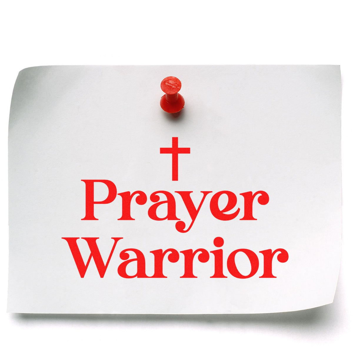 Prayer Warrior rubber stamp design with red cross for faith-based encouragement cards and church note messages.