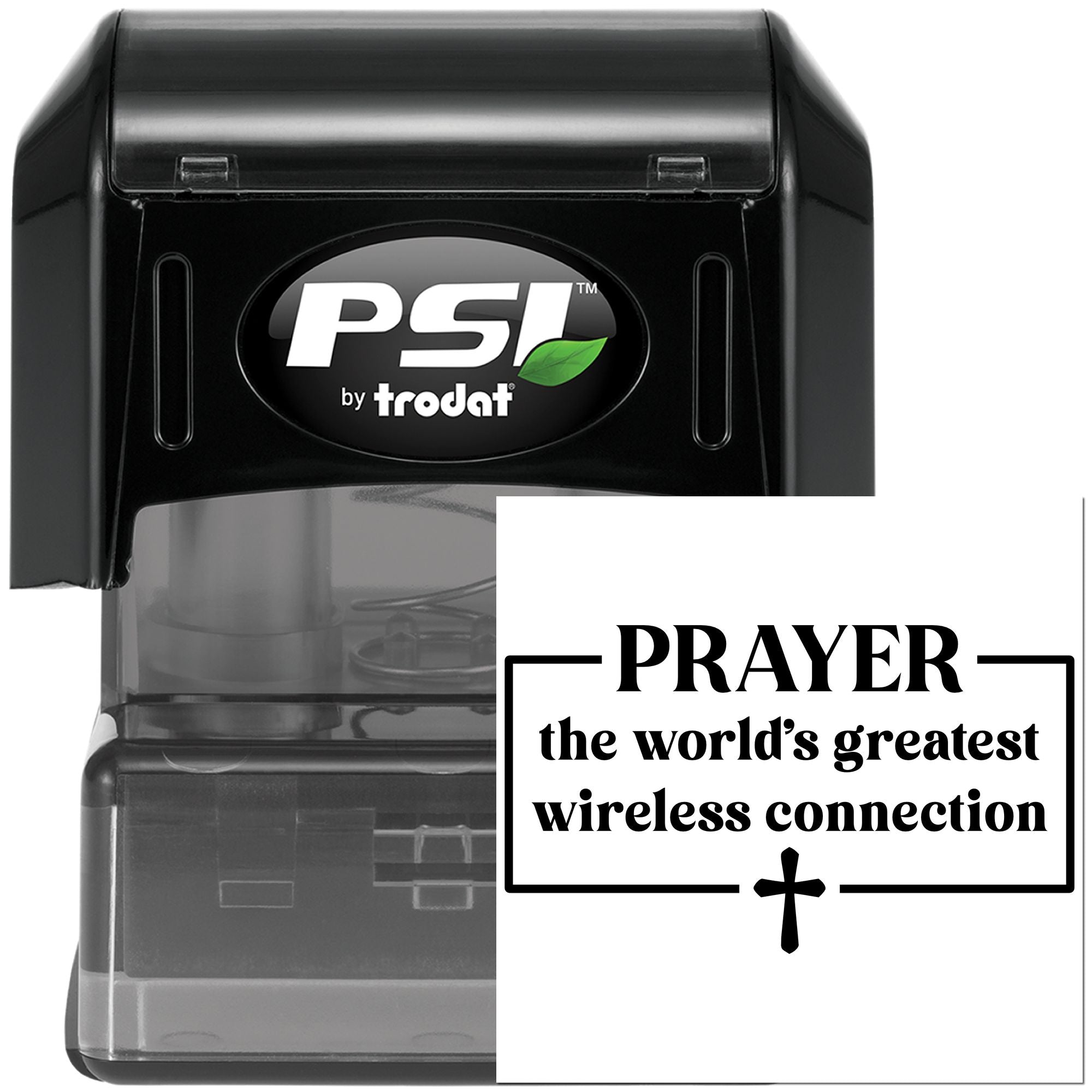 PSI by Trodat self-inking rubber stamp with Christian prayer message: the world's greatest wireless connection and cross.
