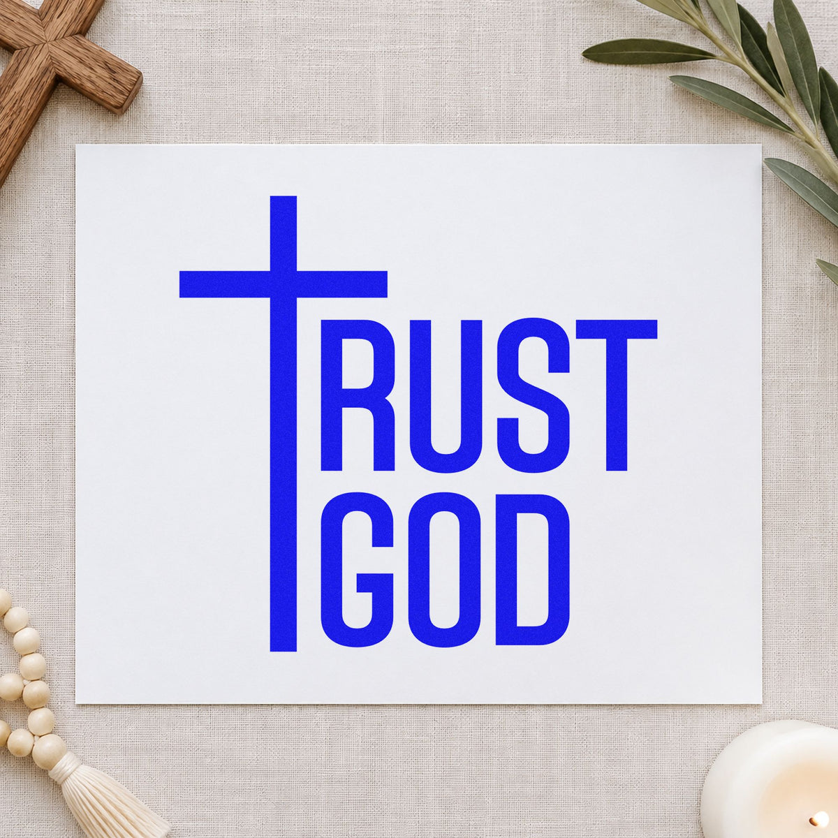 Trust God Cross craft stamp in blue ink on cardstock, an easy option for tee transfers.