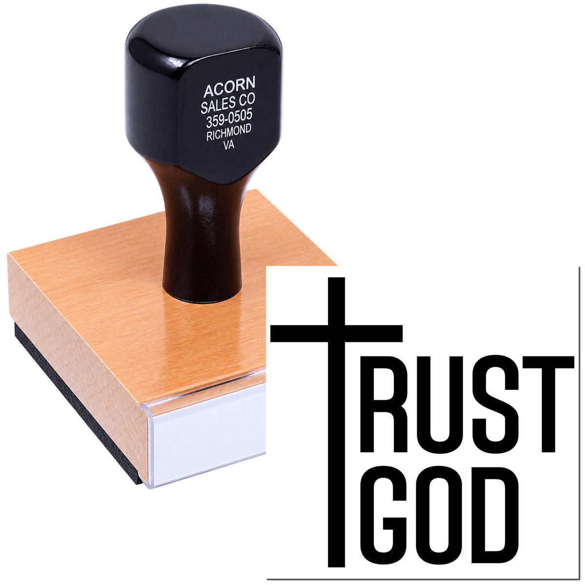 Custom rubber stamp with Trust God logo on wood-mounted base for religious branding, church ministry, or outreach use.