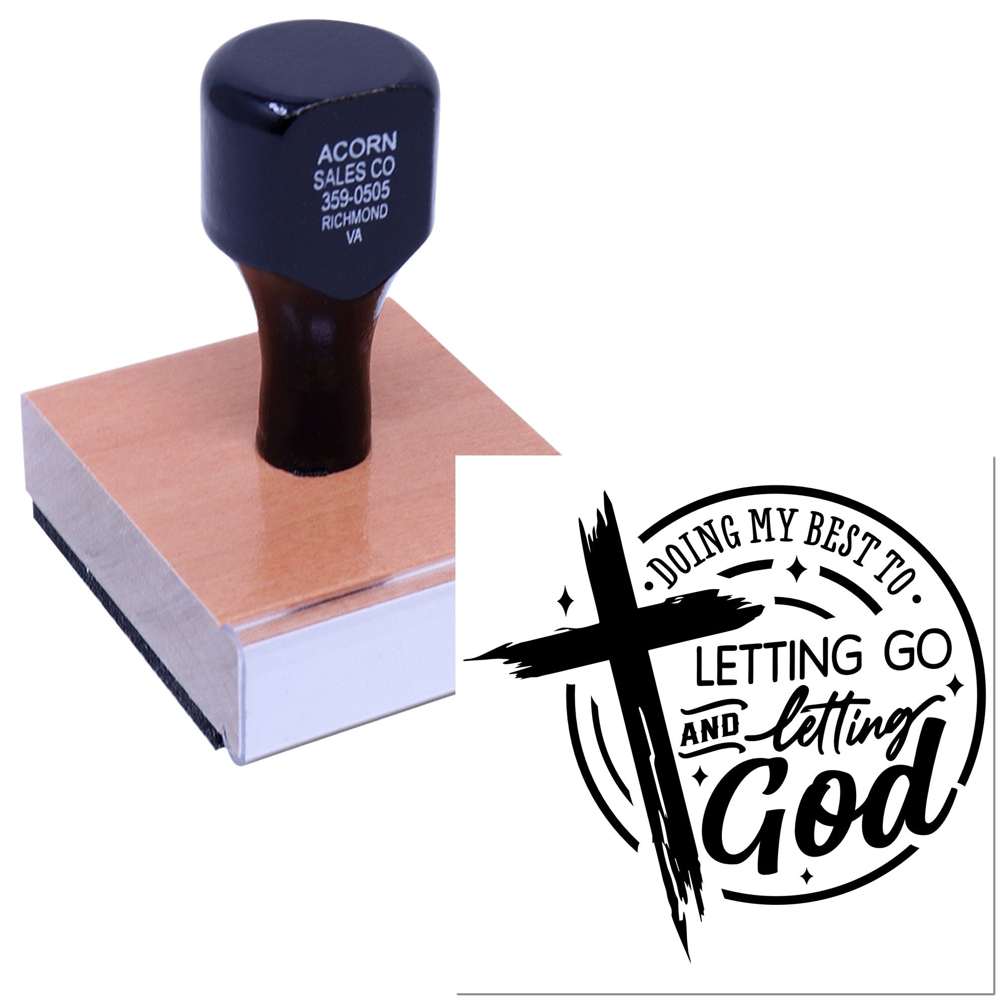 Custom rubber stamp for inspirational crafts, featuring Doing My Best to Letting Go and Letting God design.