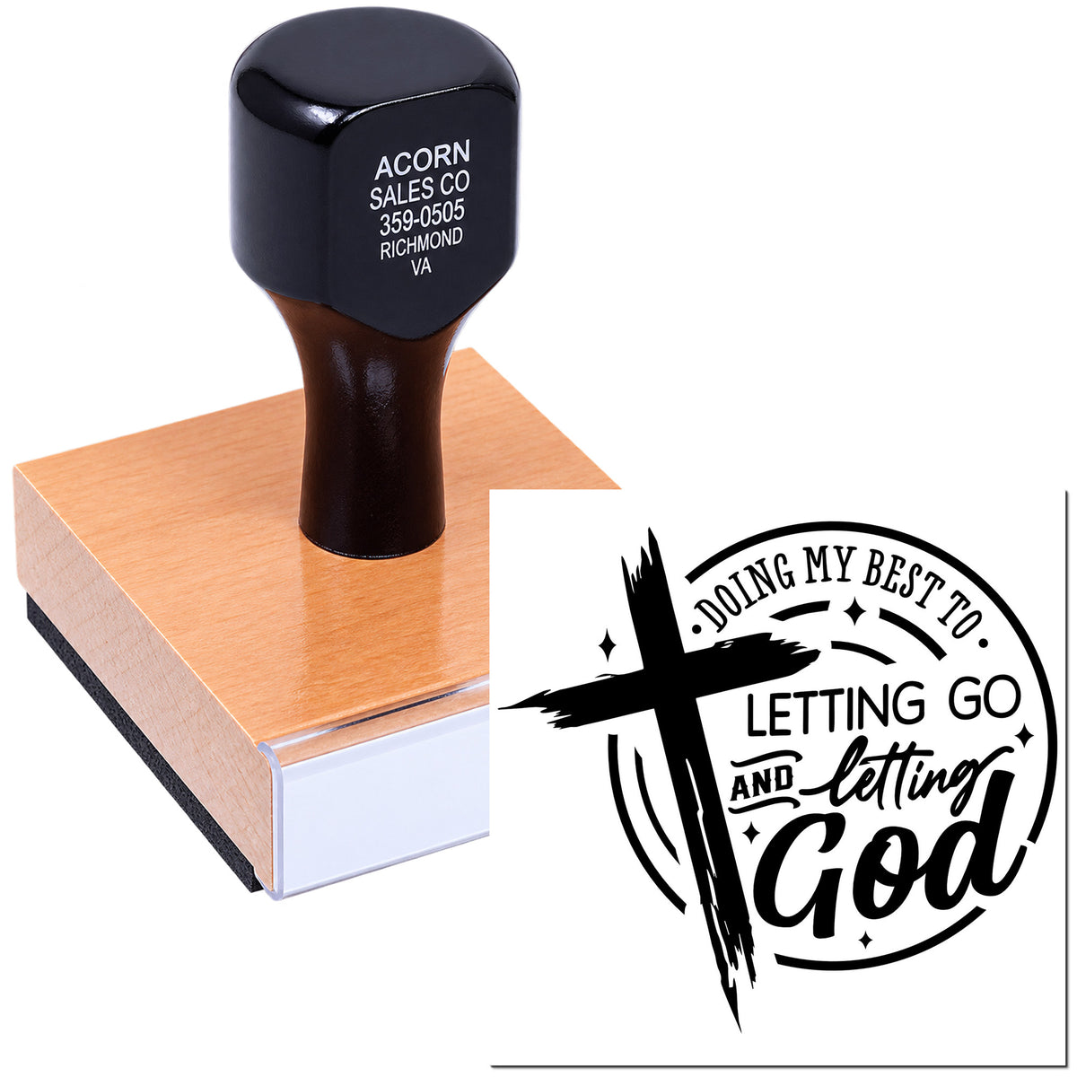 Custom rubber stamp for inspirational crafts, featuring Doing My Best to Letting Go and Letting God design.