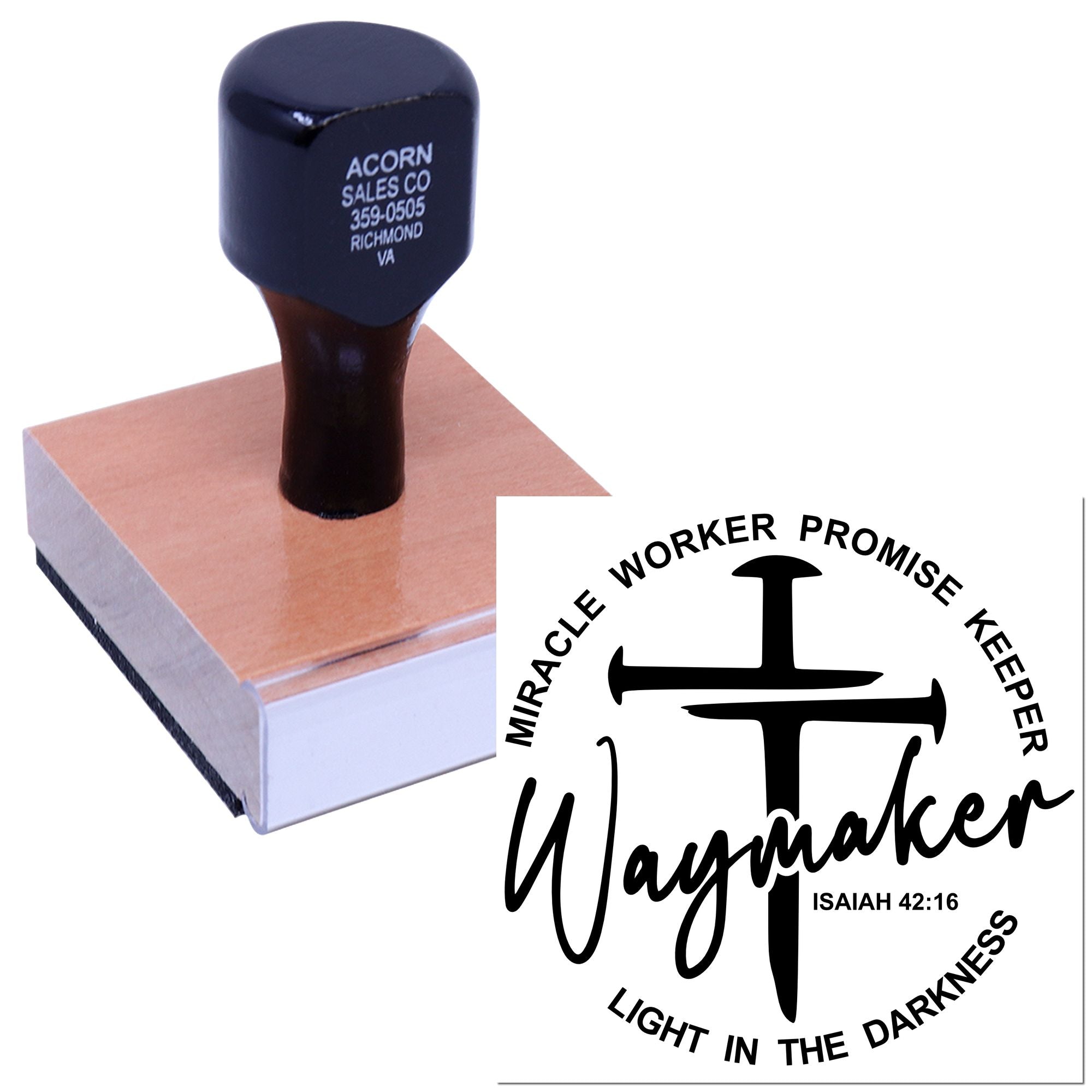 Custom Christian rubber stamp with Waymaker, Miracle Worker, Promise Keeper, Light in the Darkness design and Isaiah 42:16.