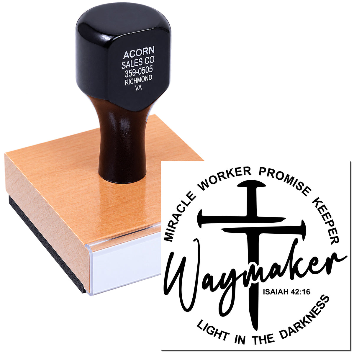 Custom Christian rubber stamp with Waymaker, Miracle Worker, Promise Keeper, Light in the Darkness design and Isaiah 42:16.