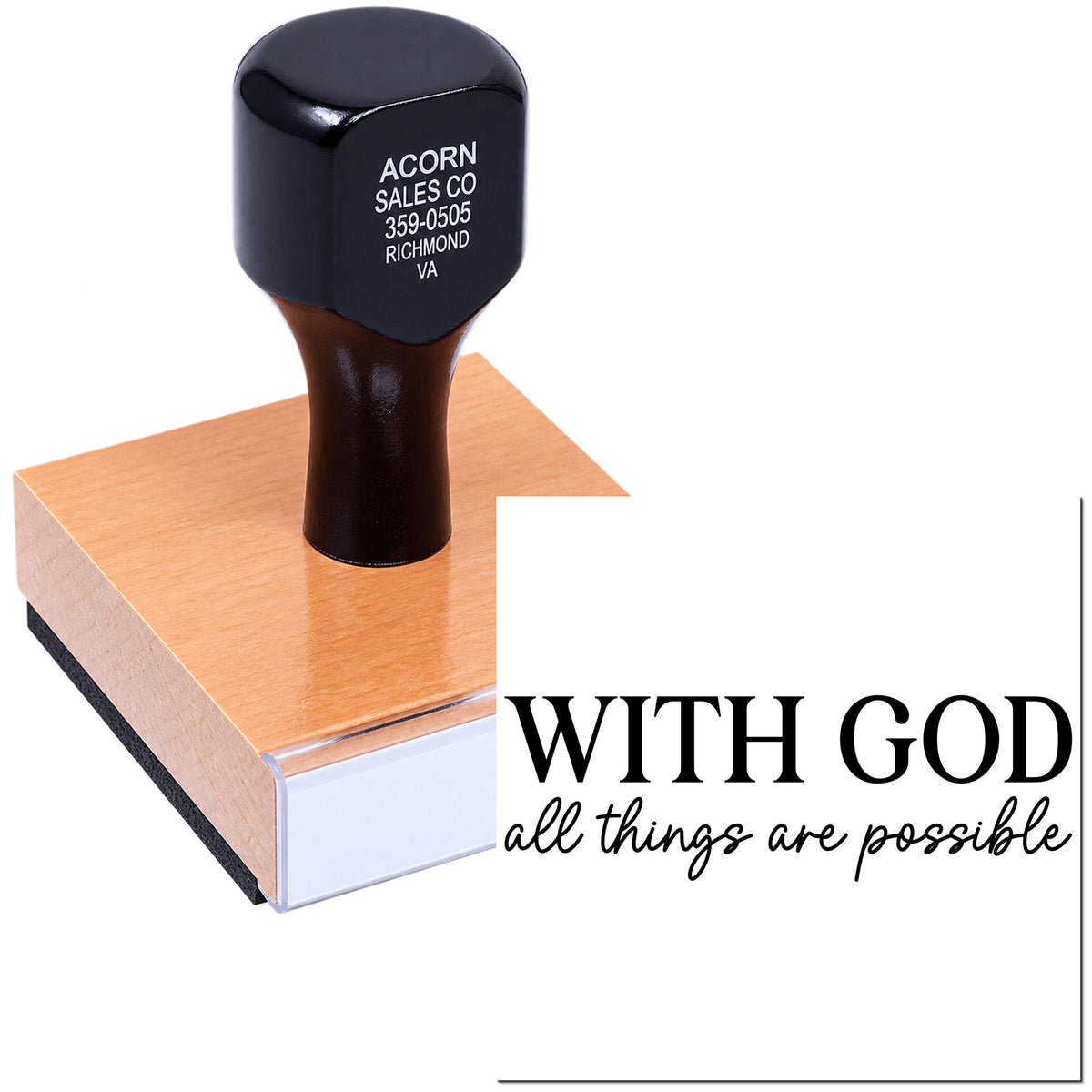 Custom rubber stamp with inspirational quote With God all things are possible on a wooden stamp block.