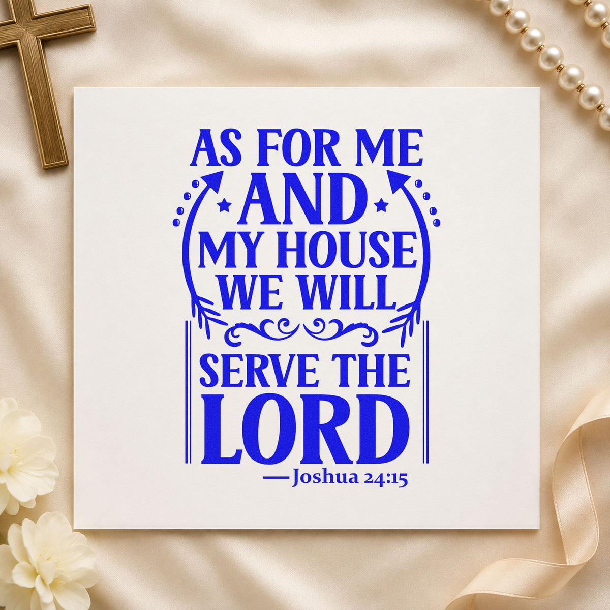 As for Me and My House craft stamp imprinted in blue ink on paper, a design suited to realtor closing gifts.