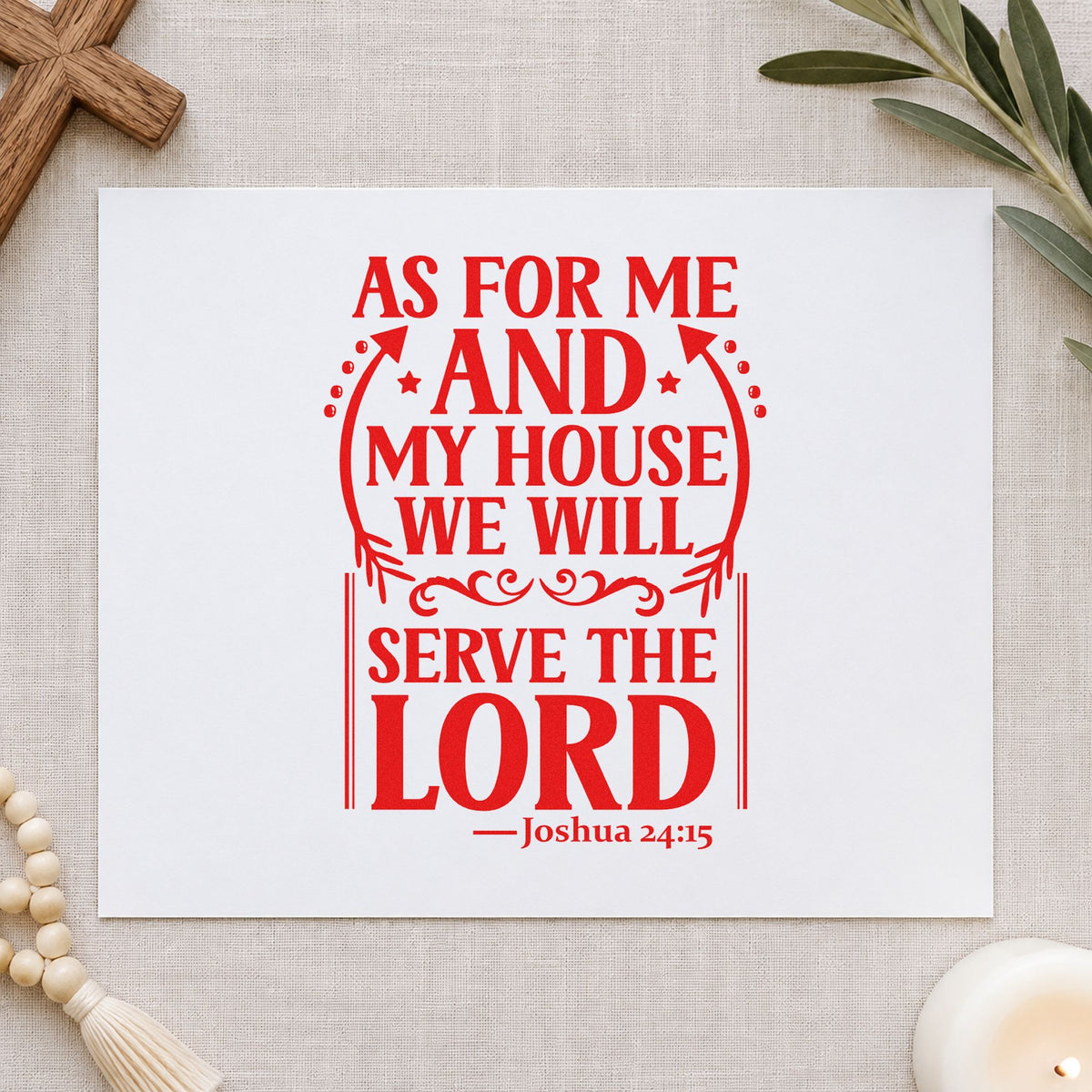 As for Me and My House rubber stamp shown in red ink, stamped for projects such as heirloom bible pages.