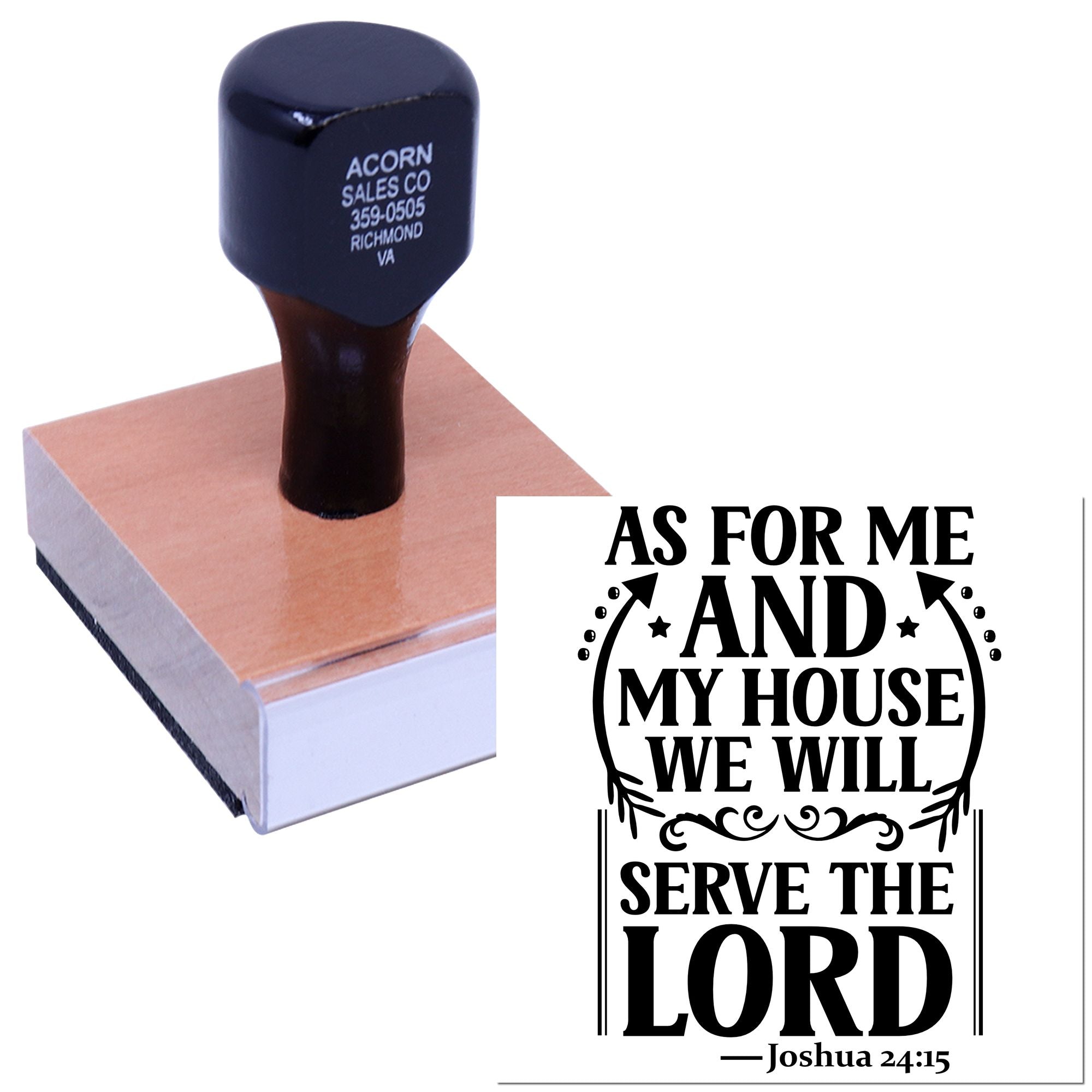 Custom rubber stamp with Joshua 24:15 verse, As for me and my house, we will serve the Lord, for faith-based crafts.