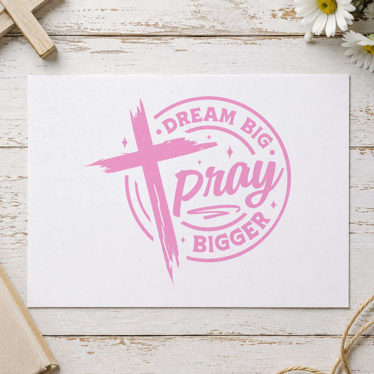 Dream Big, Pray Bigger Brushstroke Cross Hand Stamp – Duo in use 10