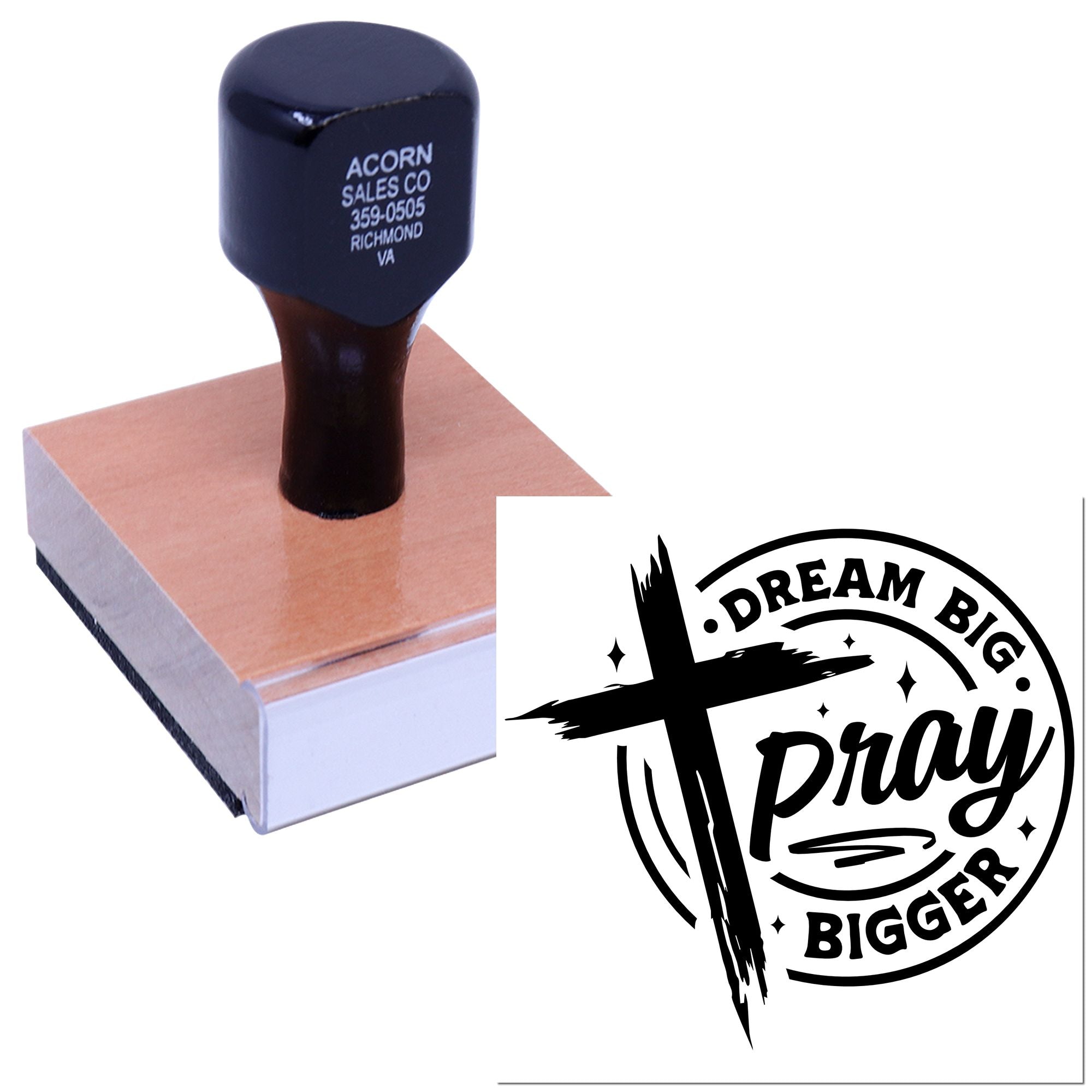 Custom rubber stamp showing Dream Big Pray Bigger church logo and business imprint on a wooden stamp block.