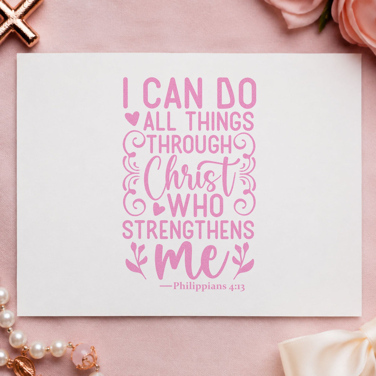 I Can Do All Things craft stamp in purple ink on cardstock, an easy option for team water labels.