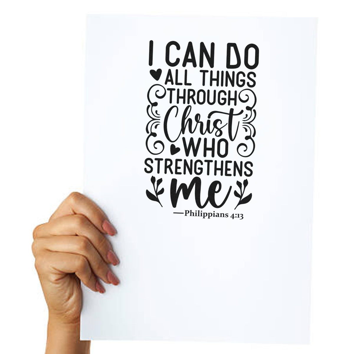 Bible verse rubber stamp design with Philippians 4:13 quote, I can do all things through Christ who strengthens me.