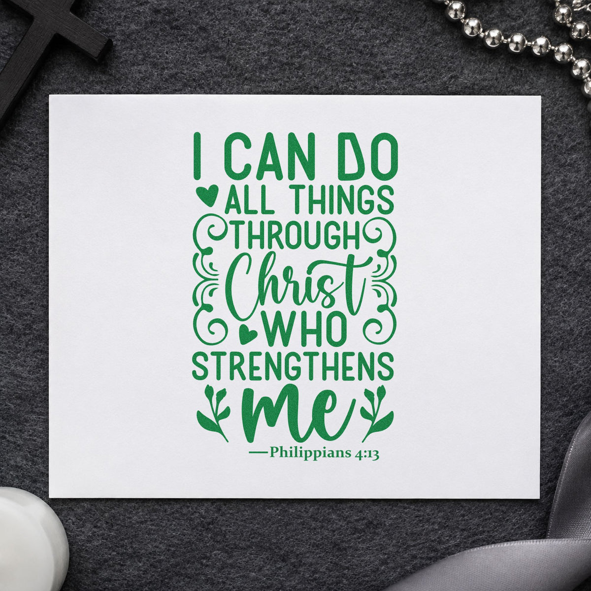 I Can Do All Things craft stamp imprint in green ink on a handmade project, one idea being graduation gifts.