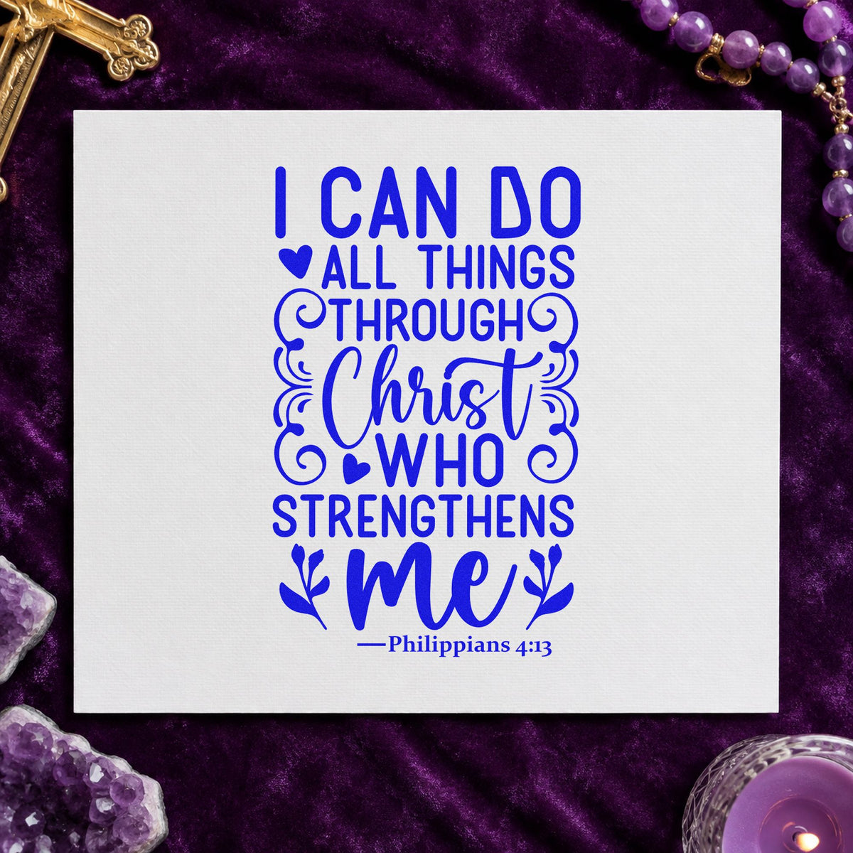 I Can Do All Things craft stamp in blue ink on cardstock, an easy option for canvas totes.