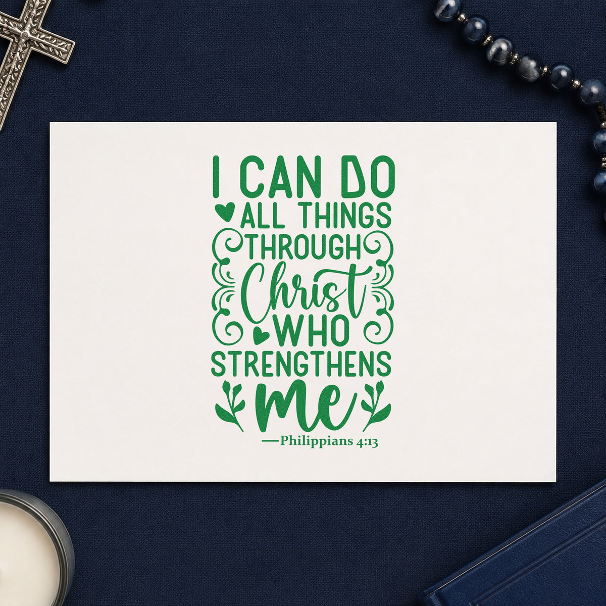 I Can Do All Things craft stamp imprint in green ink on a handmade project, one idea being framed bedroom art.