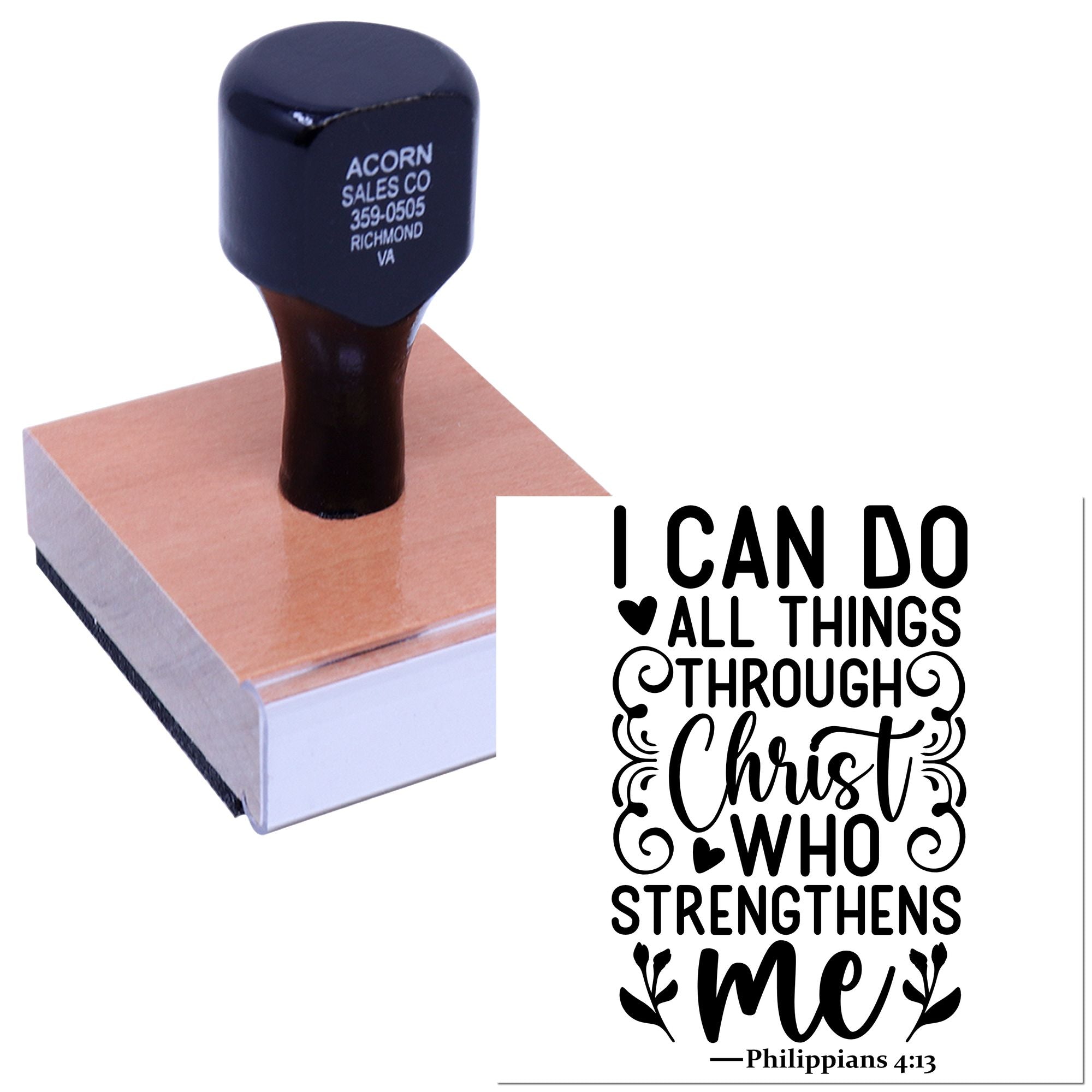 Custom rubber stamp featuring Philippians 4:13, I can do all things through Christ who strengthens me faith design.