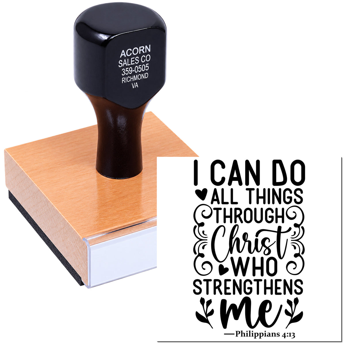 Custom rubber stamp featuring Philippians 4:13, I can do all things through Christ who strengthens me faith design.