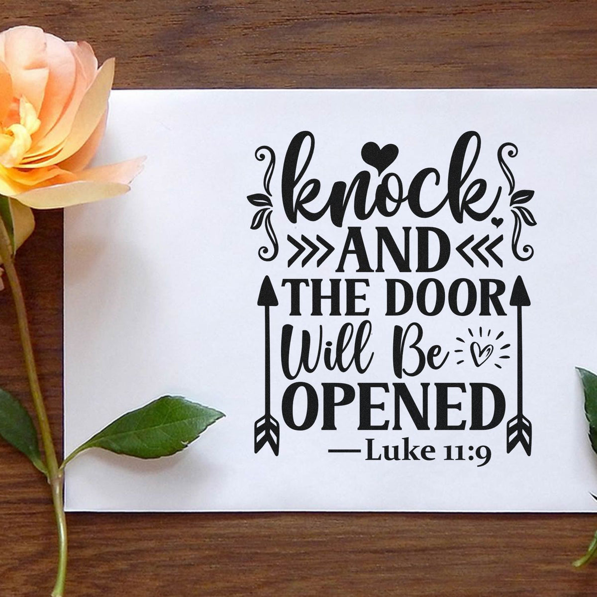 Christian rubber stamp design with Knock and the Door Will Be Opened Bible verse, Luke 11:9, for faith-based crafting.
