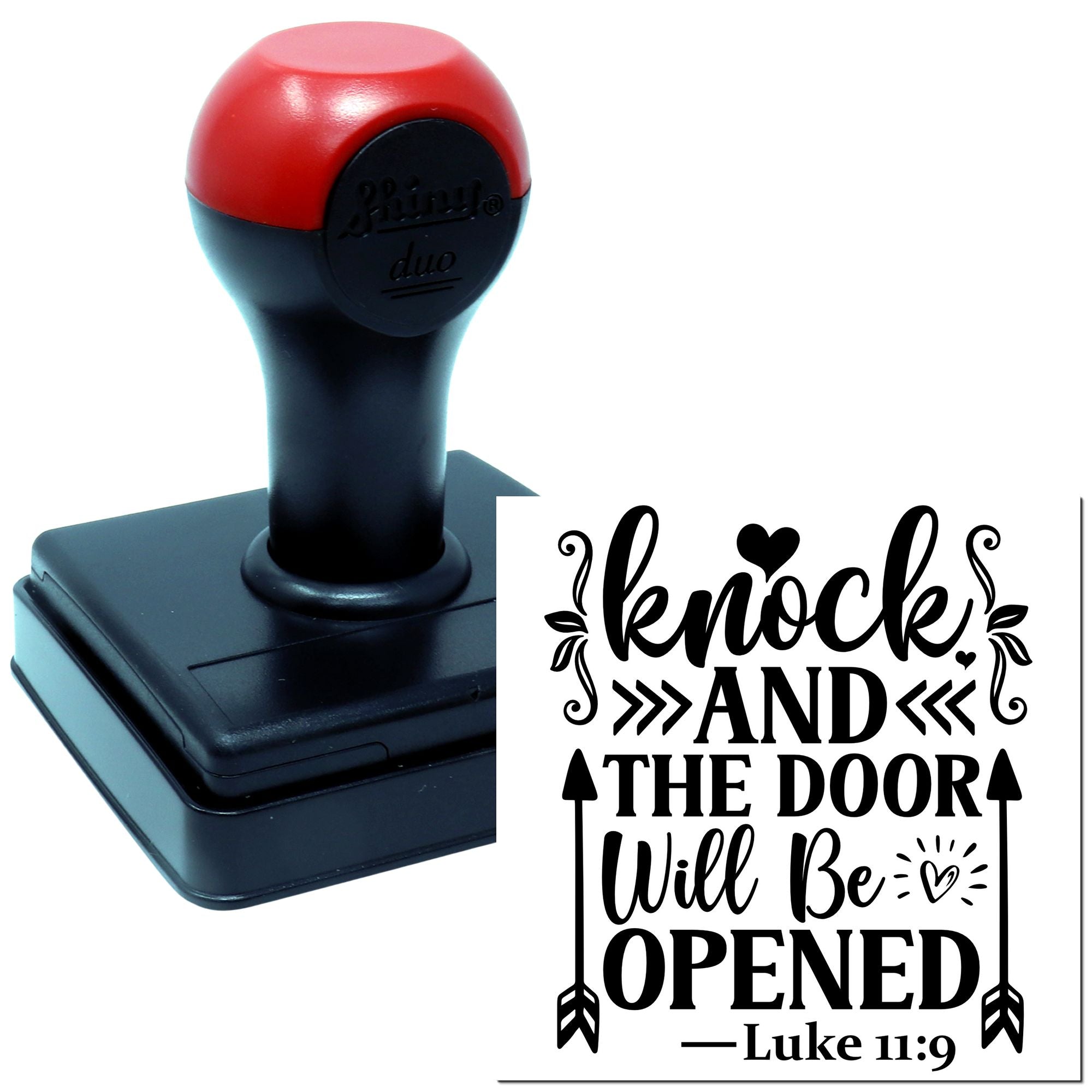 Custom self-inking rubber stamp featuring Knock and the Door Will Be Opened Bible verse, Luke 11:9.