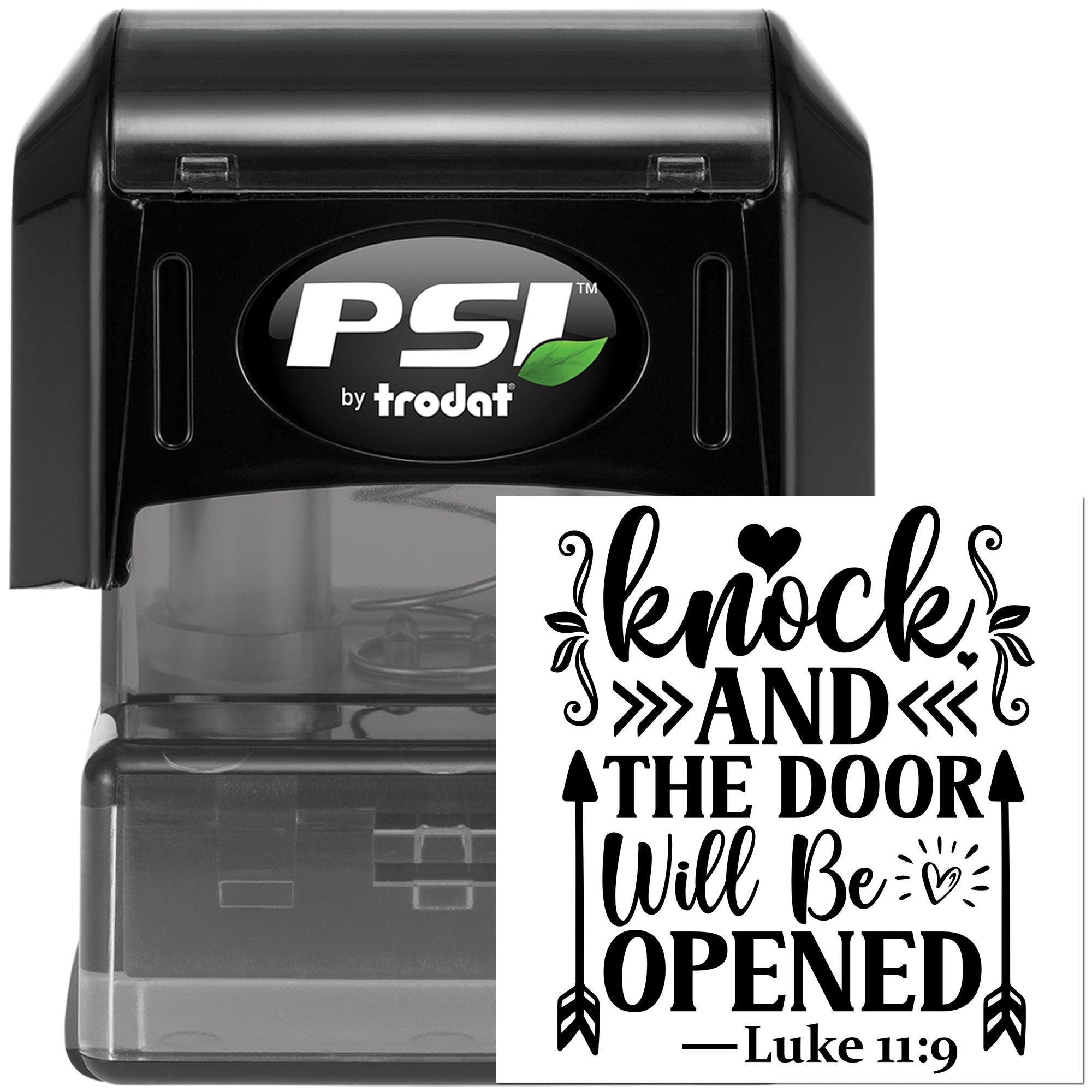 PSI by Trodat self-inking rubber stamp with Knock and the Door Will Be Opened Luke 11:9 Christian design.