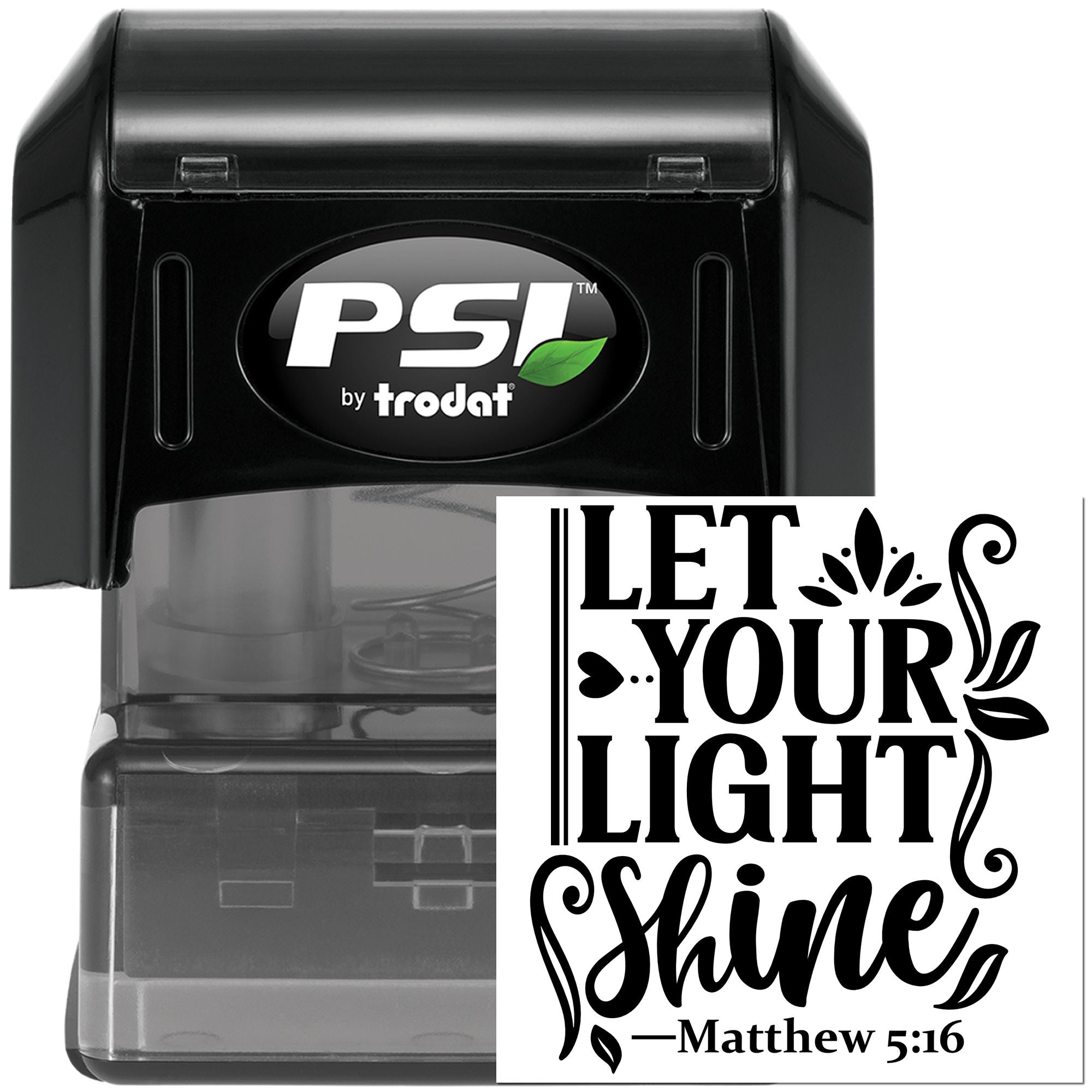 Inspirational self-inking rubber stamp featuring Let Your Light Shine Bible verse design, Matthew 5:16, by PSI Trodat.
