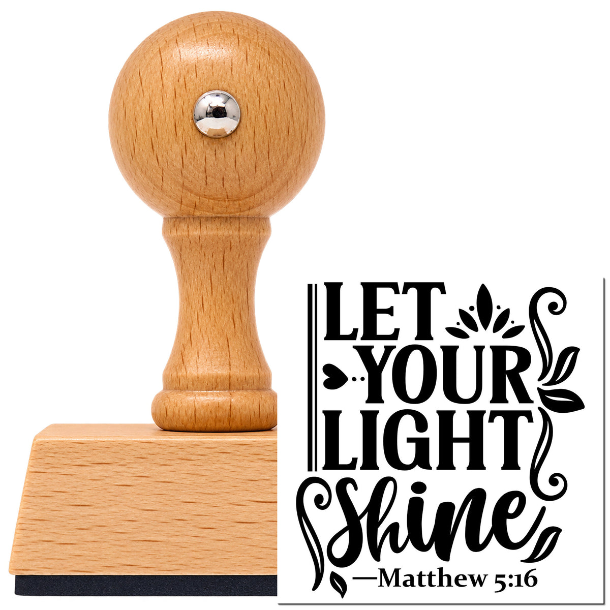 Let Your Light Shine Leaves Vintage Pro rubber stamp in European beech wood with a round knob handle, shown beside its black imprint.